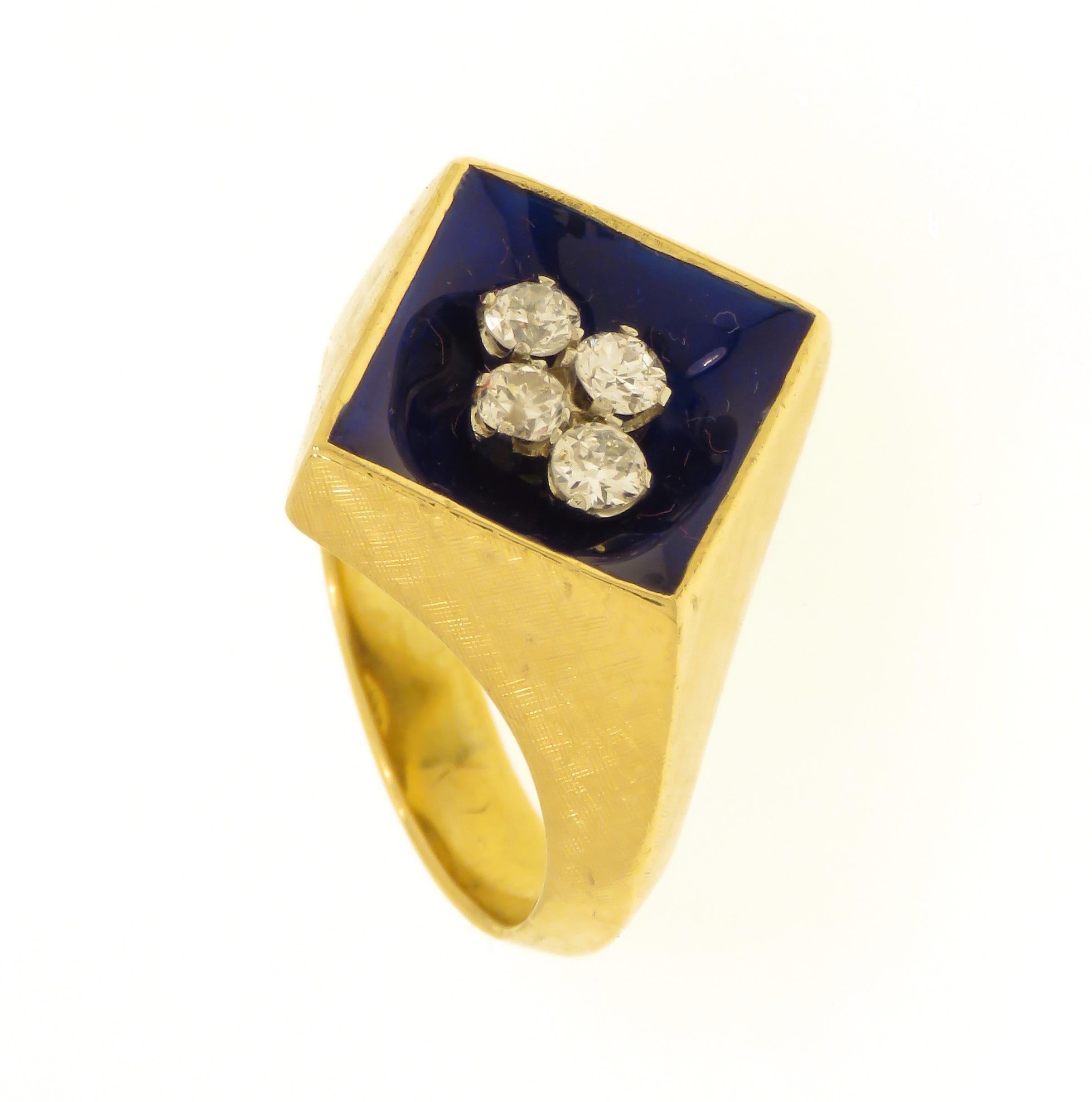 Brilliant Cut Diamonds Blue Enamel 18 Karat Yellow Gold Vintage Band Ring Handcrafted For Sale