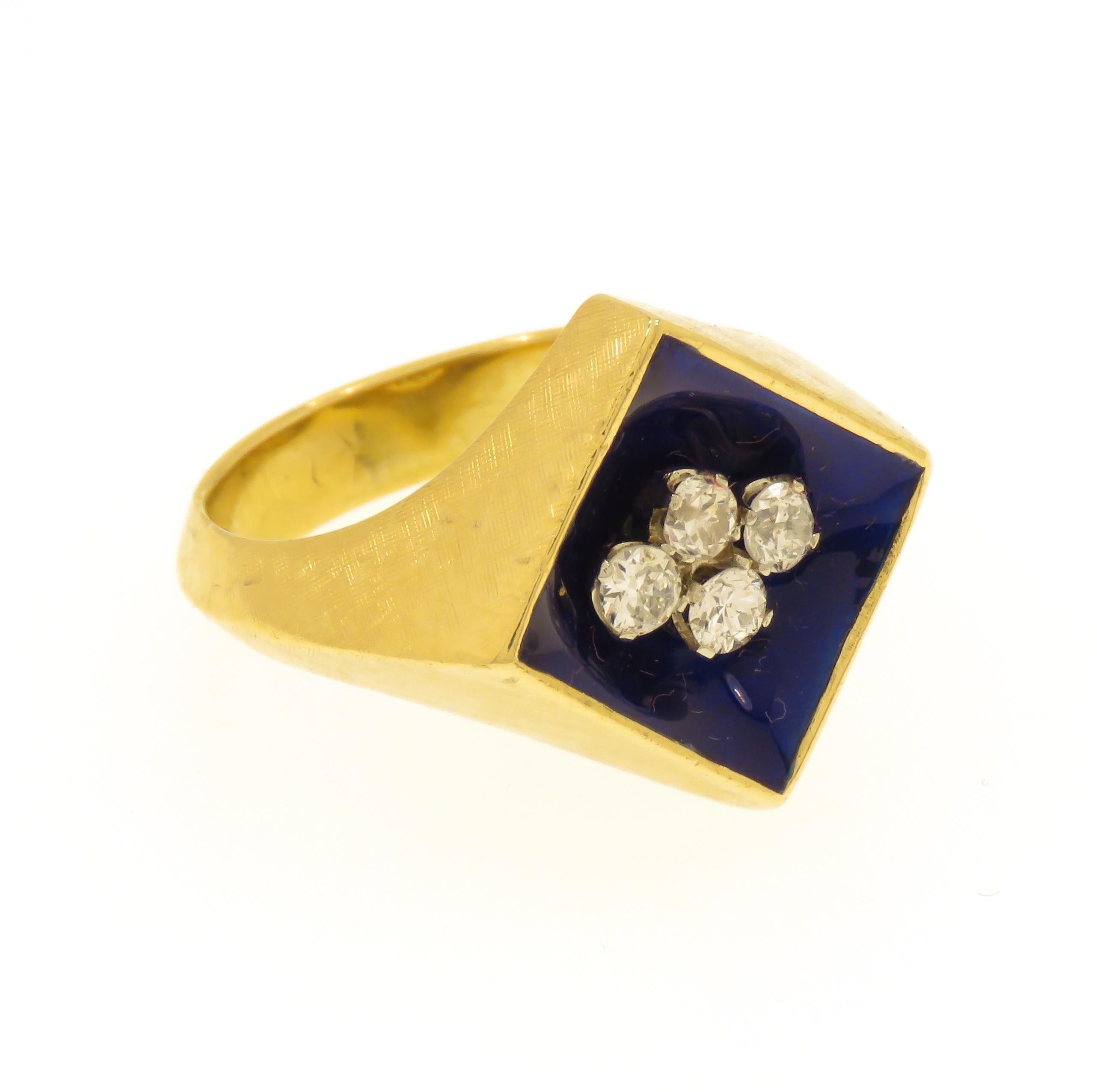 Diamonds Blue Enamel 18 Karat Yellow Gold Vintage Band Ring Handcrafted In Excellent Condition For Sale In Milano, IT
