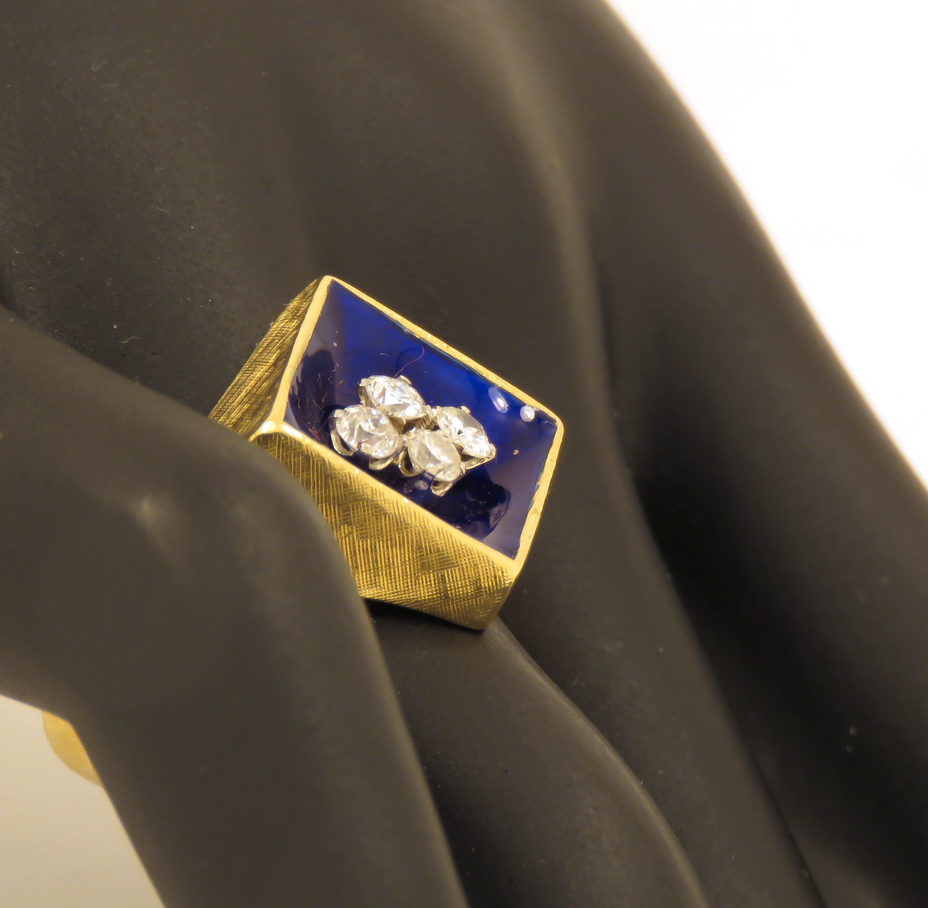 Women's Diamonds Blue Enamel 18 Karat Yellow Gold Vintage Band Ring Handcrafted For Sale