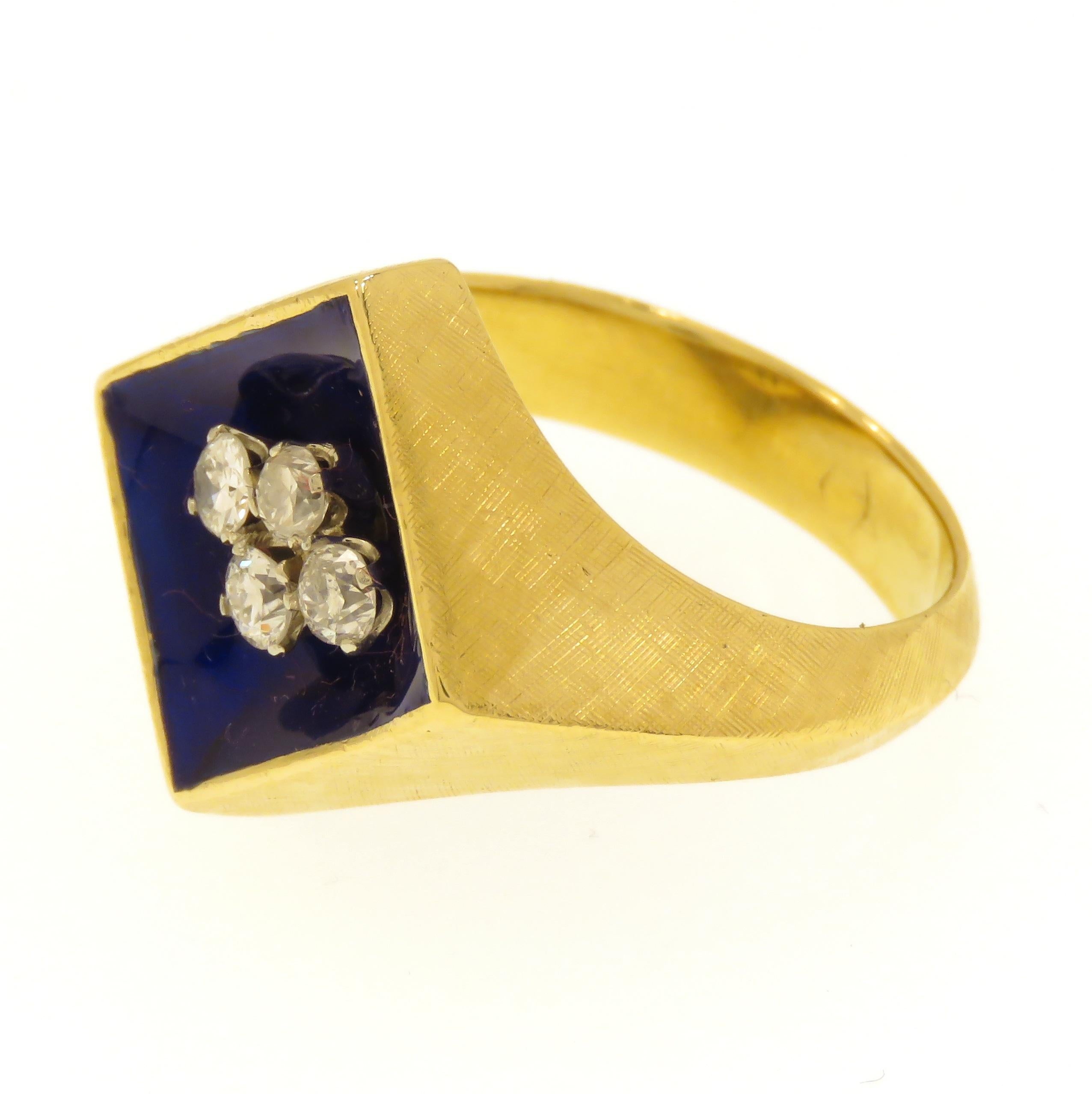 Diamonds Blue Enamel 18 Karat Yellow Gold Vintage Band Ring Handcrafted For Sale 2