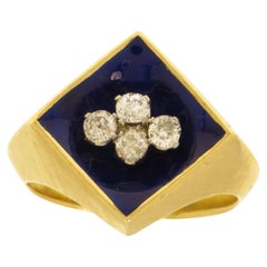 Diamonds Blue Enamel 18 Karat Yellow Gold Vintage Band Ring Handcrafted