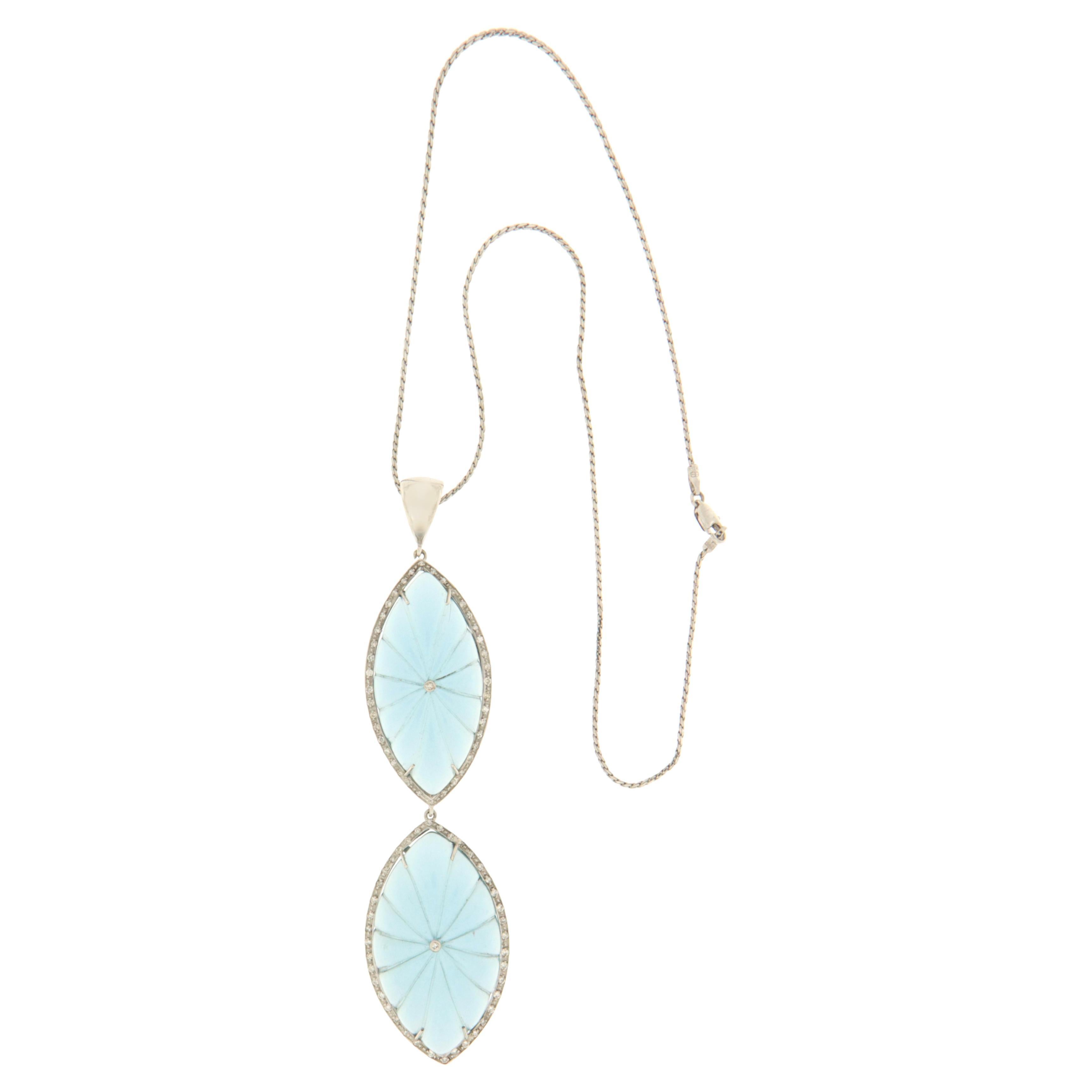 Diamonds Blue Quartz White Gold 18 Karat Drop Necklace