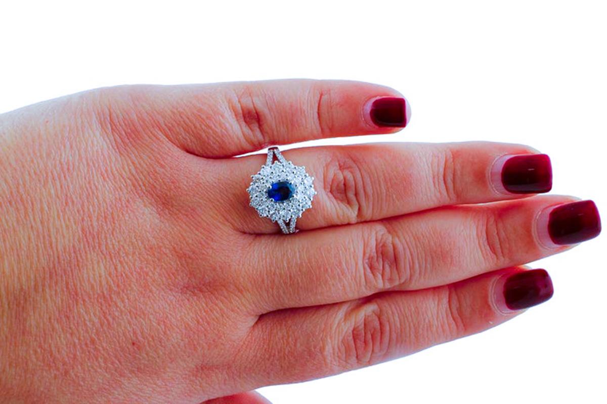 Women's Diamonds, Blue Sapphire, 18 Karat White Gold Ring