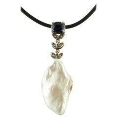 Diamonds, Blue Sapphire, Baroque Pearl, 9 Karat Rose Gold and Silver Pendant