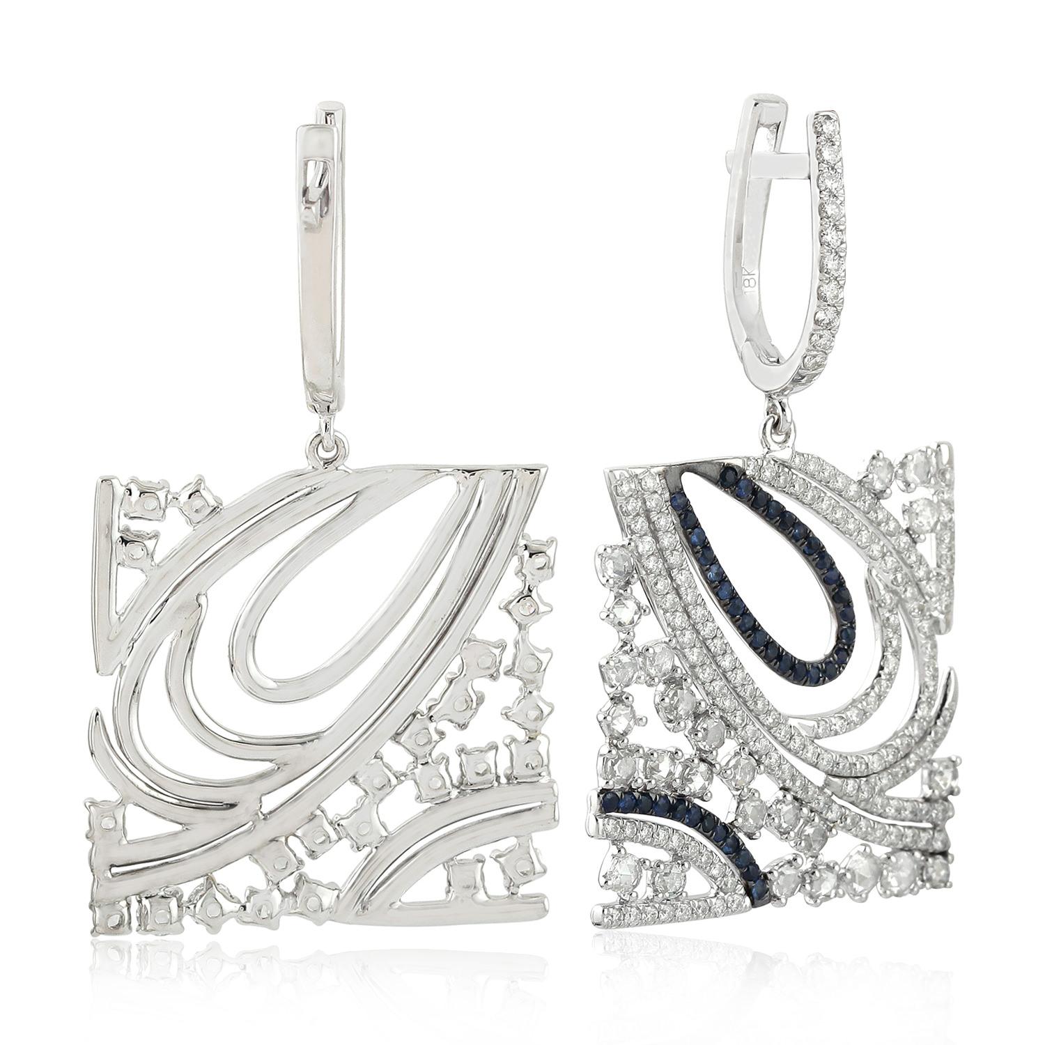 Contemporary Diamonds & Blue Sapphire Dangle Earrings Earrings Made In 18k White Gold For Sale
