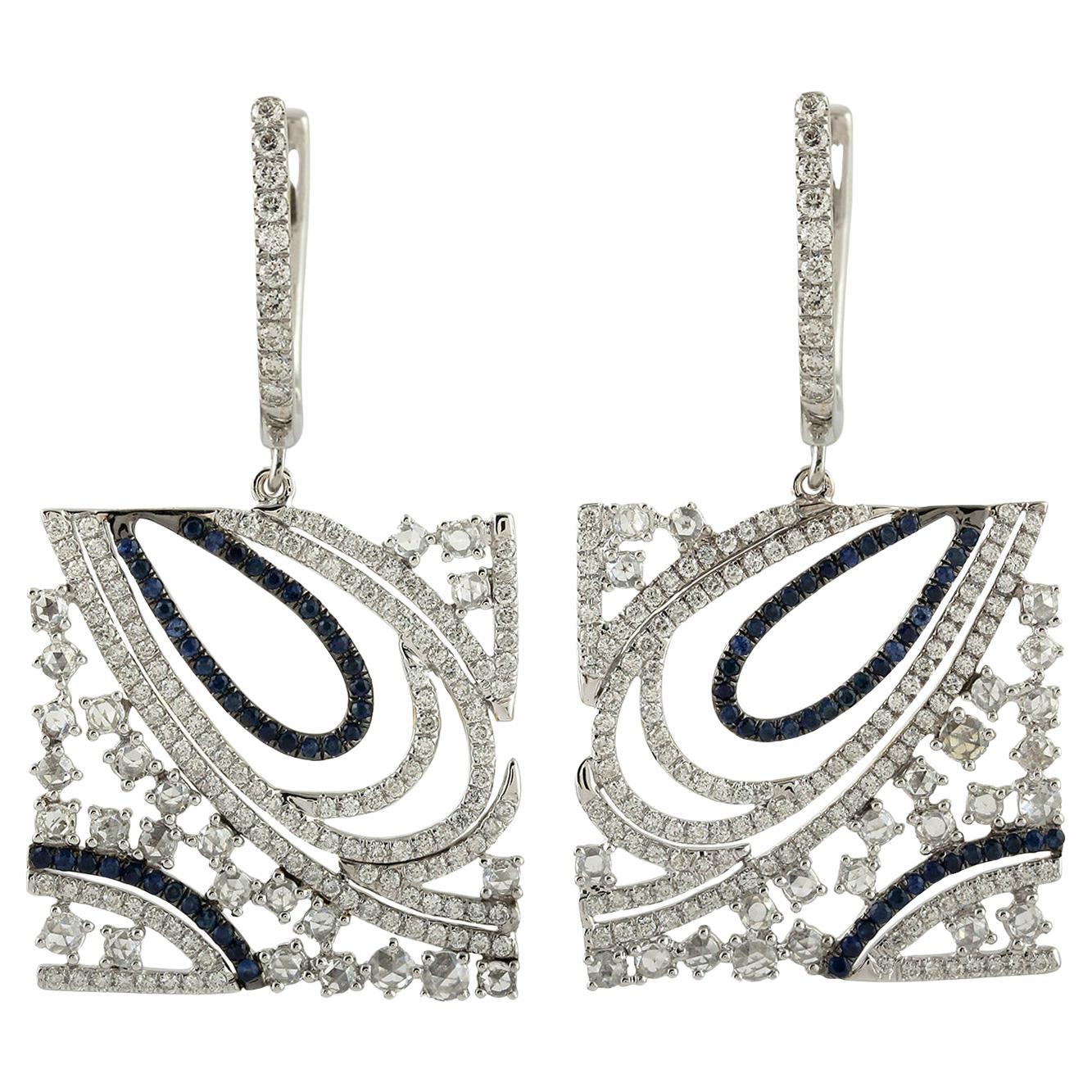 Diamonds & Blue Sapphire Dangle Earrings Earrings Made In 18k White Gold For Sale
