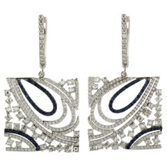 Used Diamonds & Blue Sapphire Dangle Earrings Earrings Made In 18k White Gold