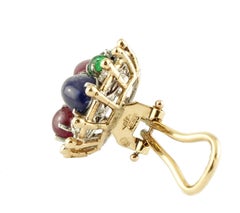 Diamonds, Blue Sapphire, Emeralds and Rubies, 14 Karat Yellow Gold Stud Earrings
