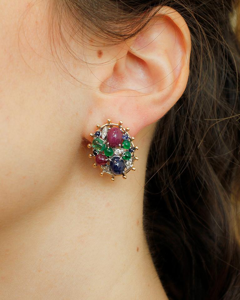 Women's Diamonds, Blue Sapphire, Emeralds and Rubies, 14 Karat Yellow Gold Stud Earrings