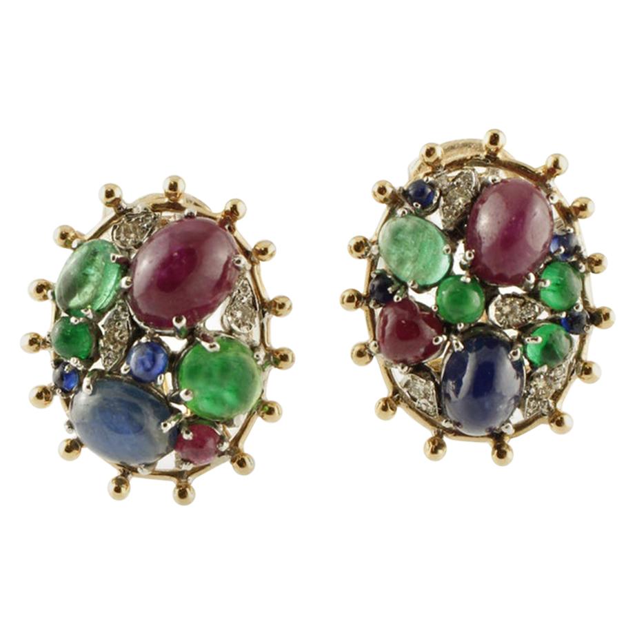 Diamonds, Blue Sapphire, Emeralds and Rubies, 14 Karat Yellow Gold Stud Earrings