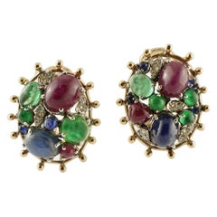 Diamonds, Blue Sapphire, Emeralds and Rubies, 14 Karat Yellow Gold Stud Earrings