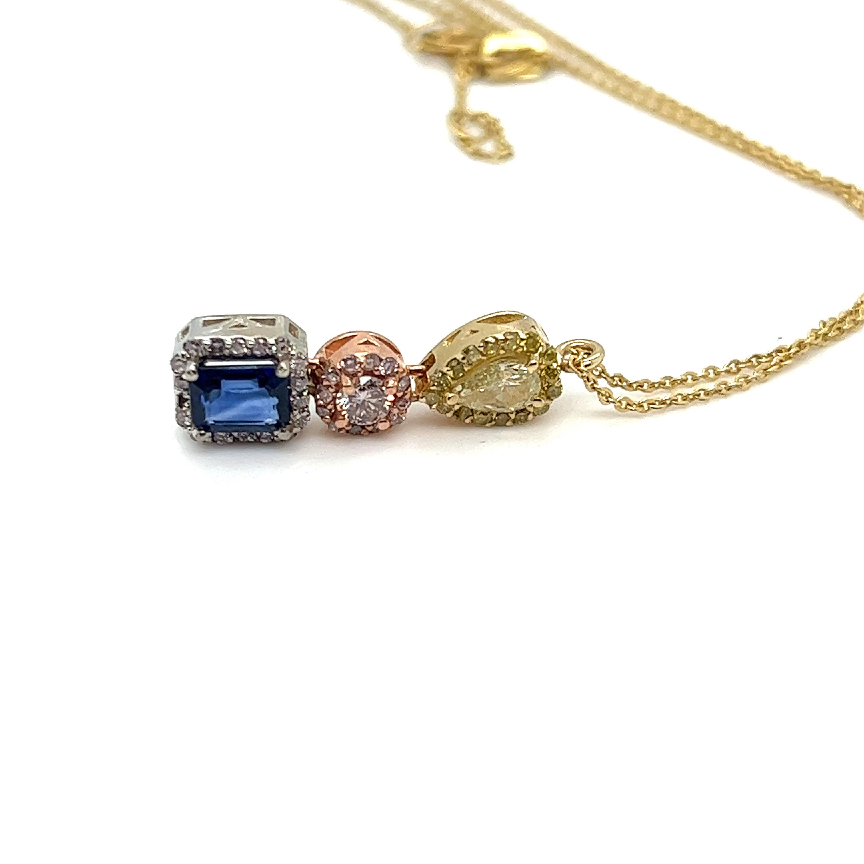 Pear Cut Diamonds & Blue Sapphire Pendant Necklace, 14kt  For Sale