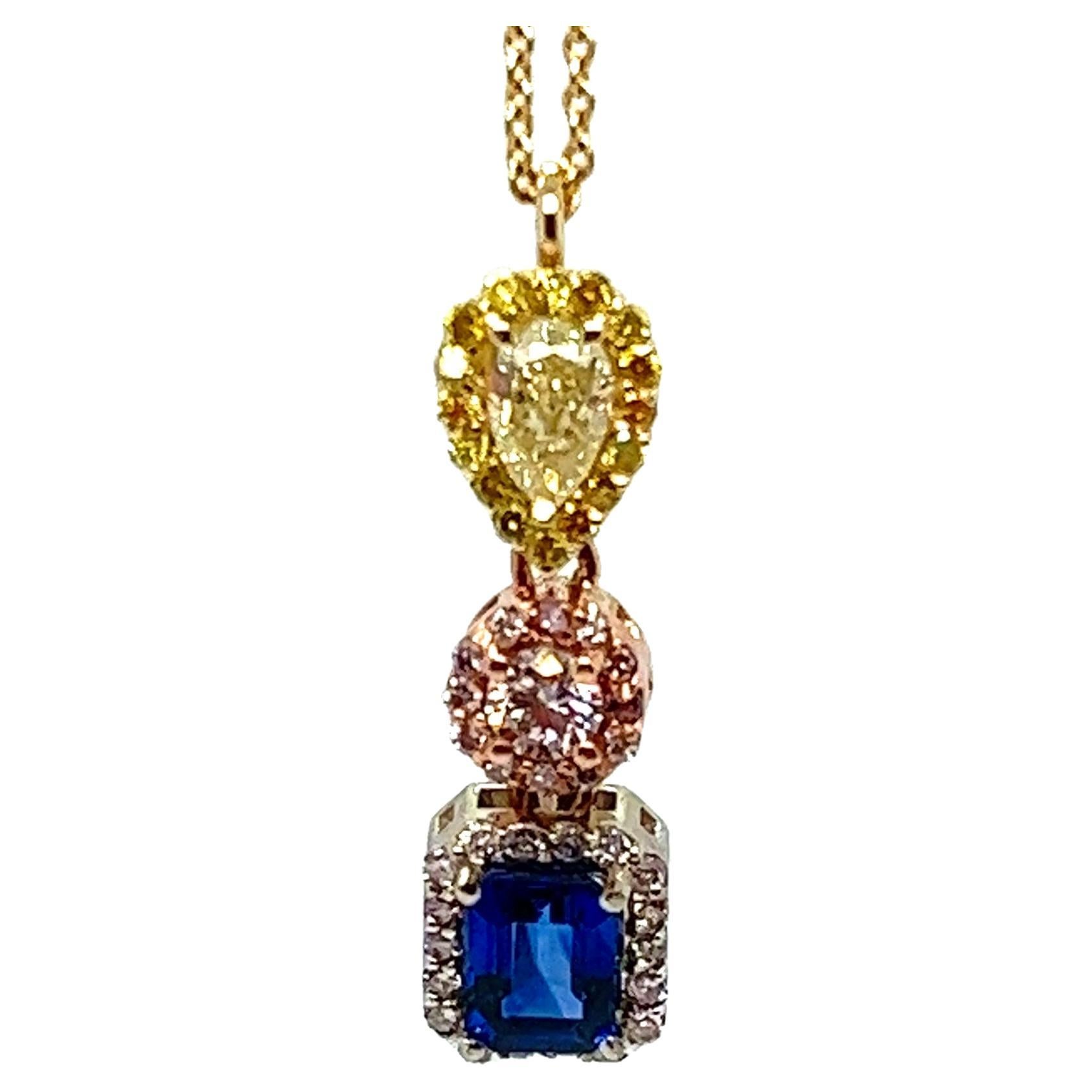 Diamonds & Blue Sapphire Pendant Necklace, 14kt  For Sale