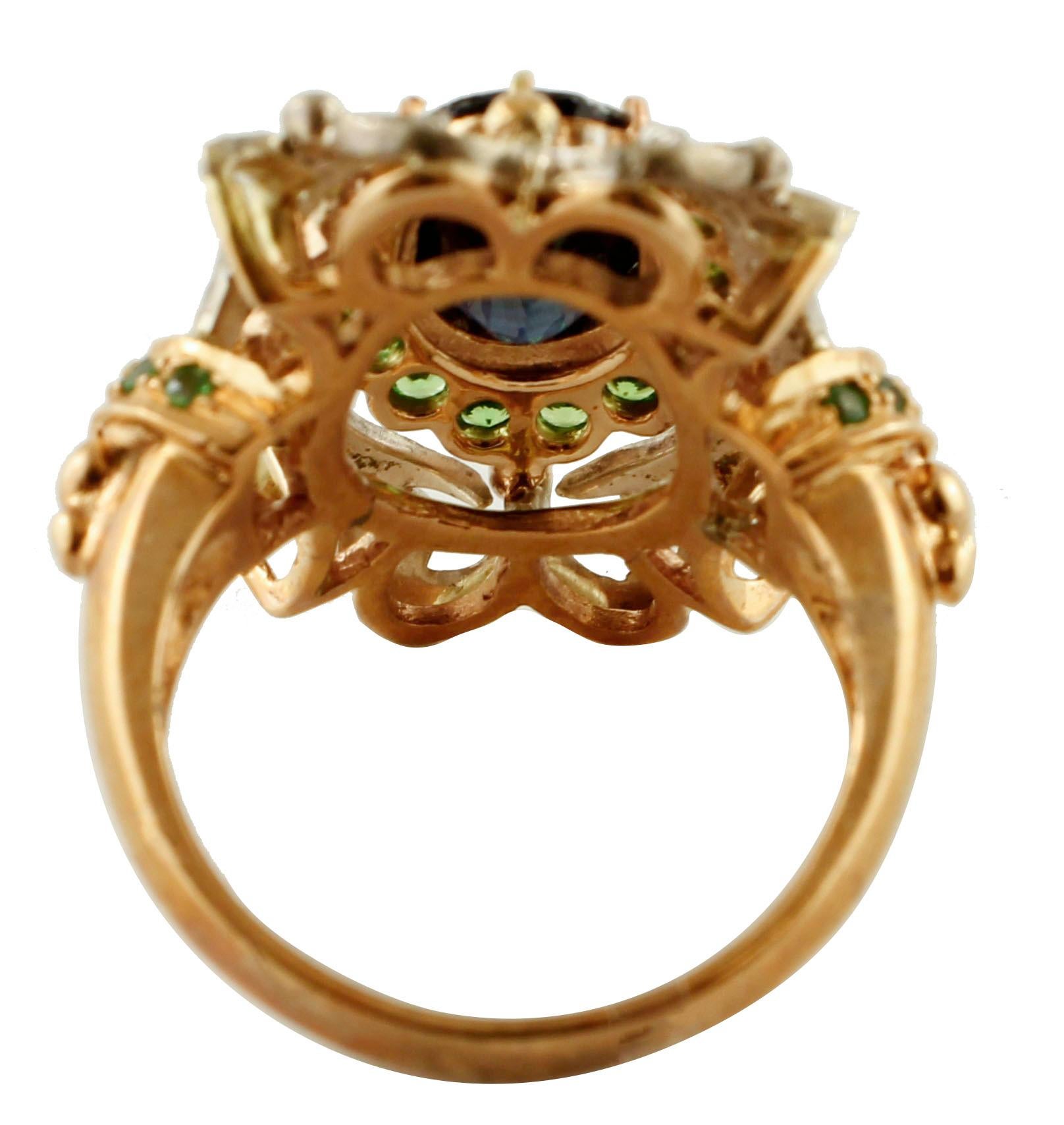 Diamantes, zafiro azul, tsavoritas, anillo de cóctel de oro rosa de 9 quilates y plata Retro