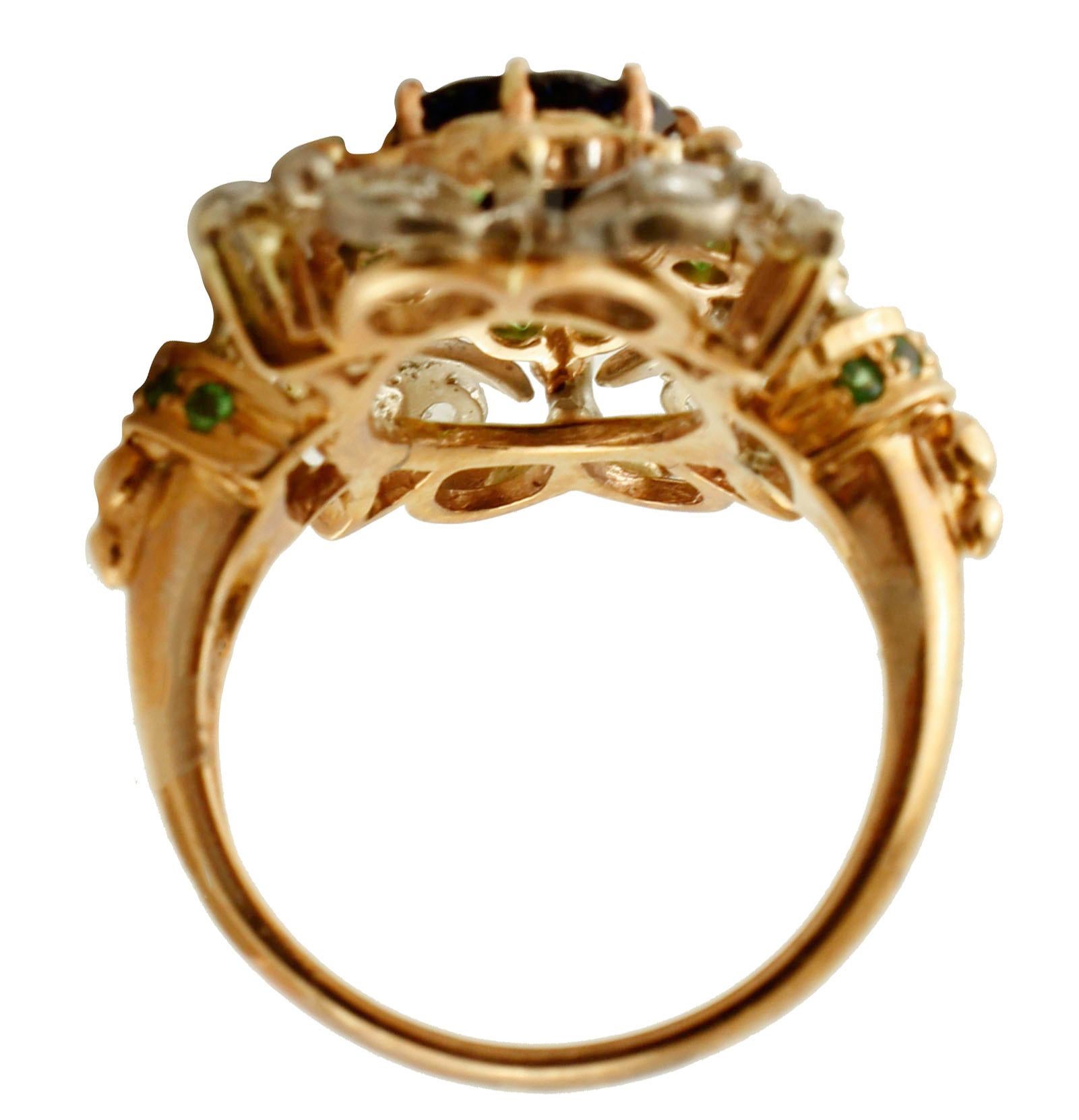 Diamantes, zafiro azul, tsavoritas, anillo de cóctel de oro rosa de 9 quilates y plata Corte mixto