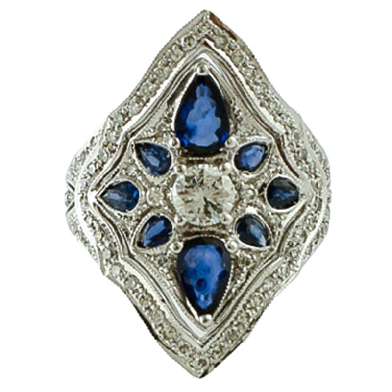 Diamonds, Blue Sapphires, 14 Karat White Gold Vintage Ring