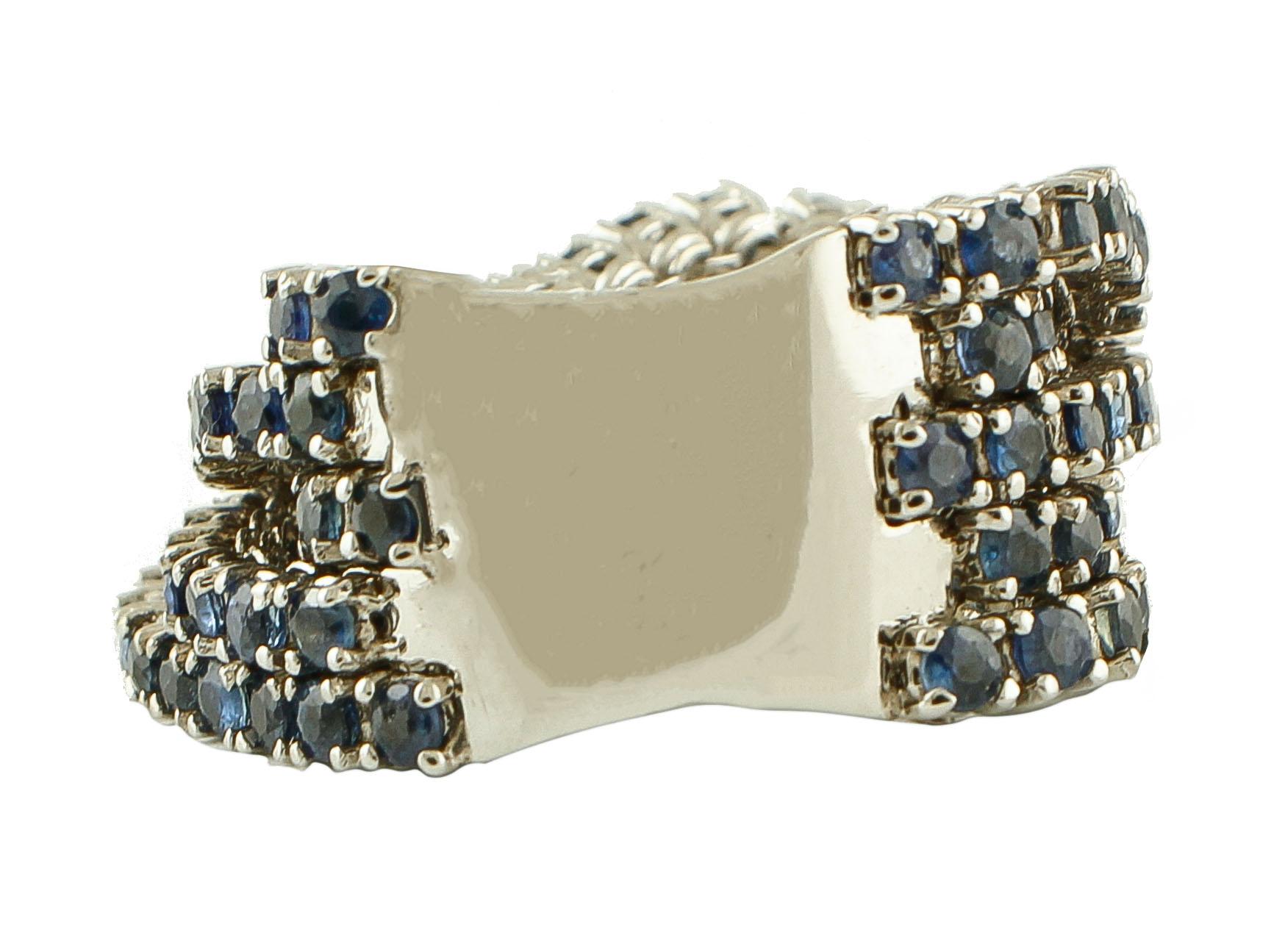 Modern Diamonds, Blue Sapphires, 14 Karat White Gold Band Ring