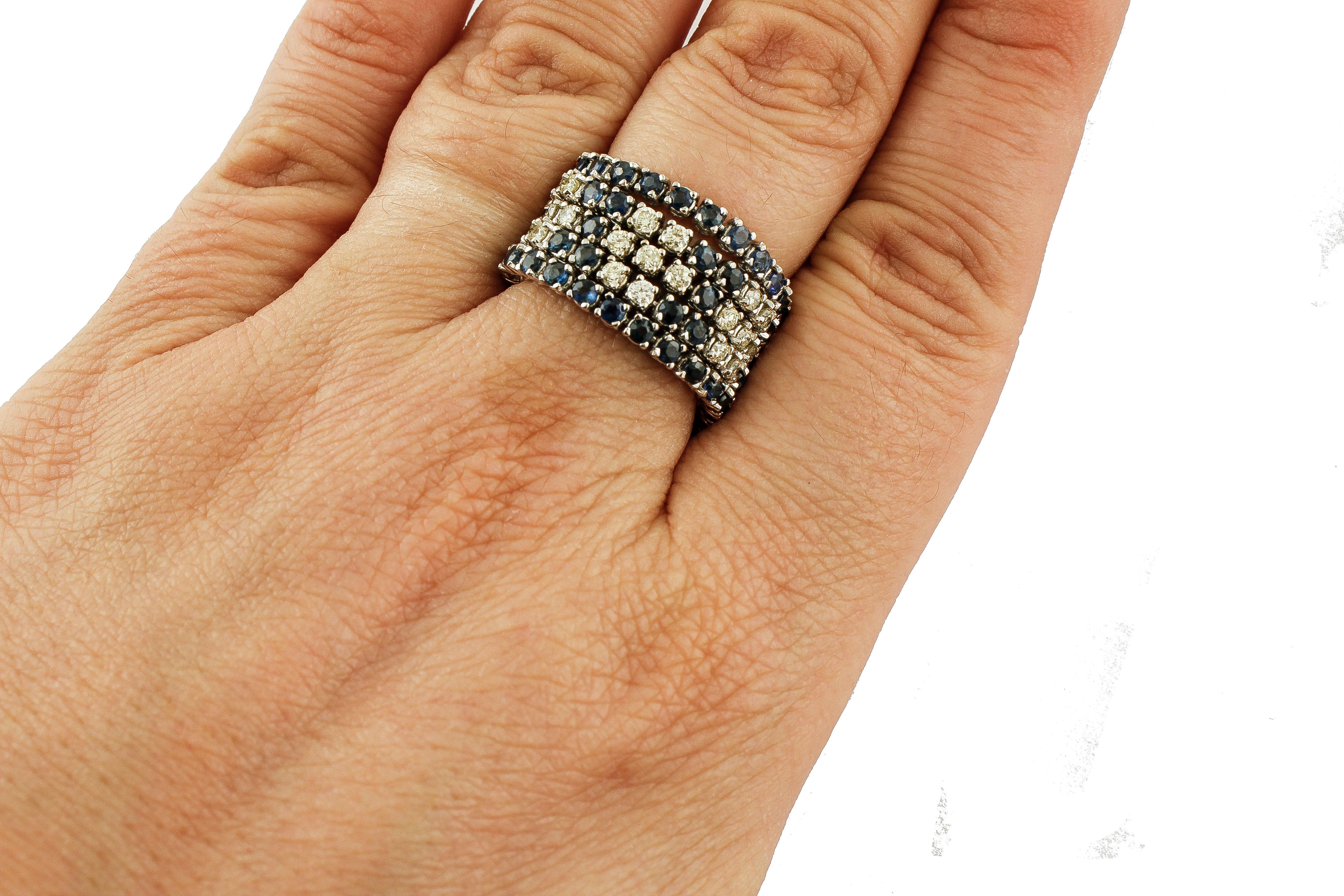 Diamonds, Blue Sapphires, 14 Karat White Gold Band Ring In Excellent Condition In Marcianise, Marcianise (CE)