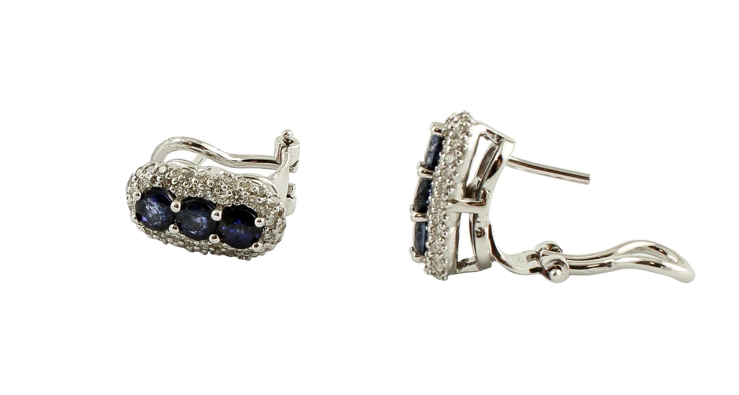 Brilliant Cut Diamonds, Blue Sapphires, 18 Karat White Gold Earrings For Sale