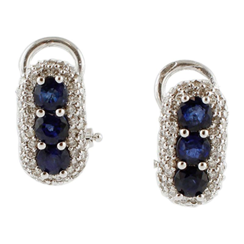 Diamonds, Blue Sapphires, 18 Karat White Gold Earrings