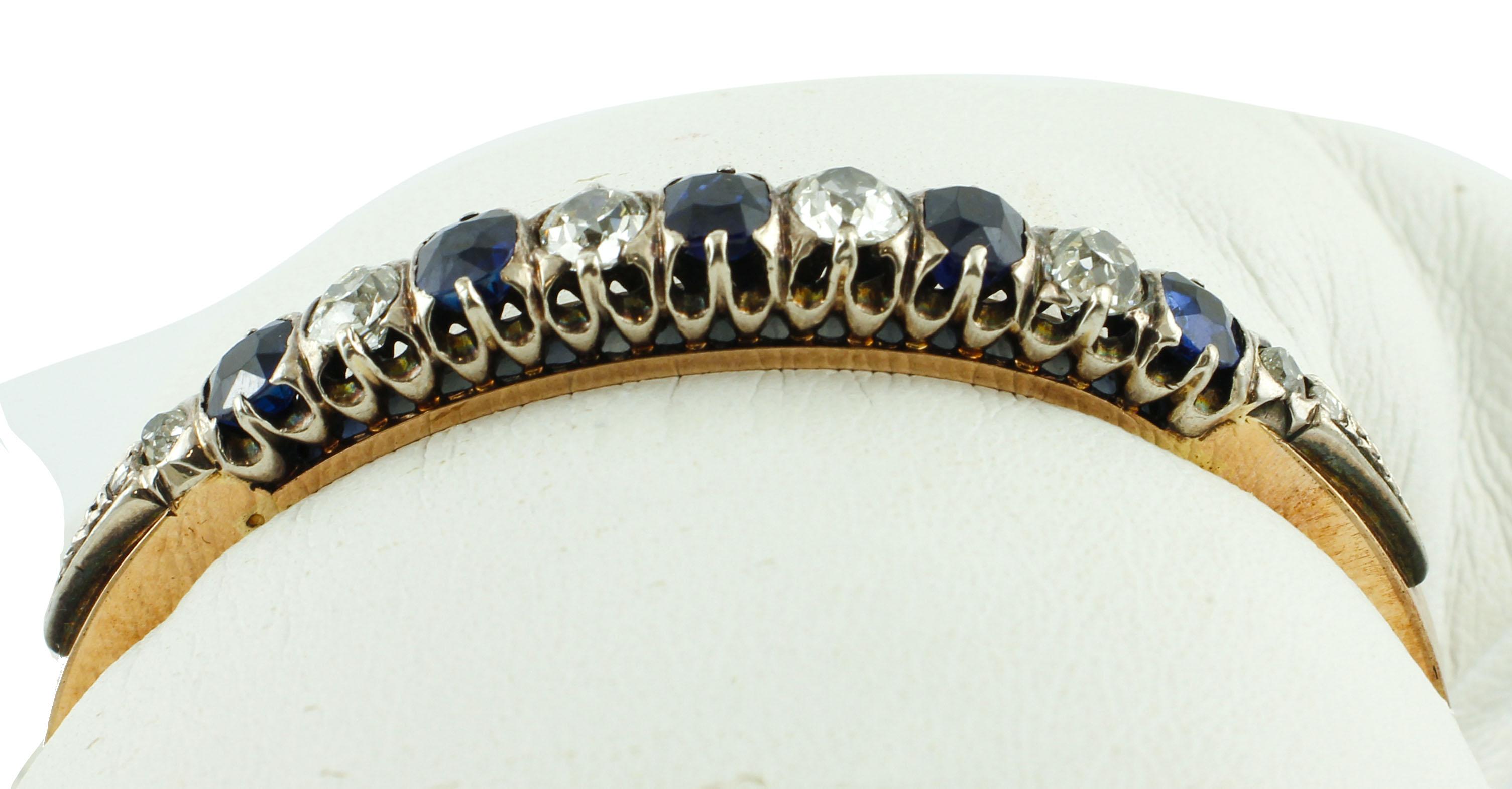 Retro Diamonds, Blue Sapphires 18 Karat Rose Gold and Silver Bangle Bracelet