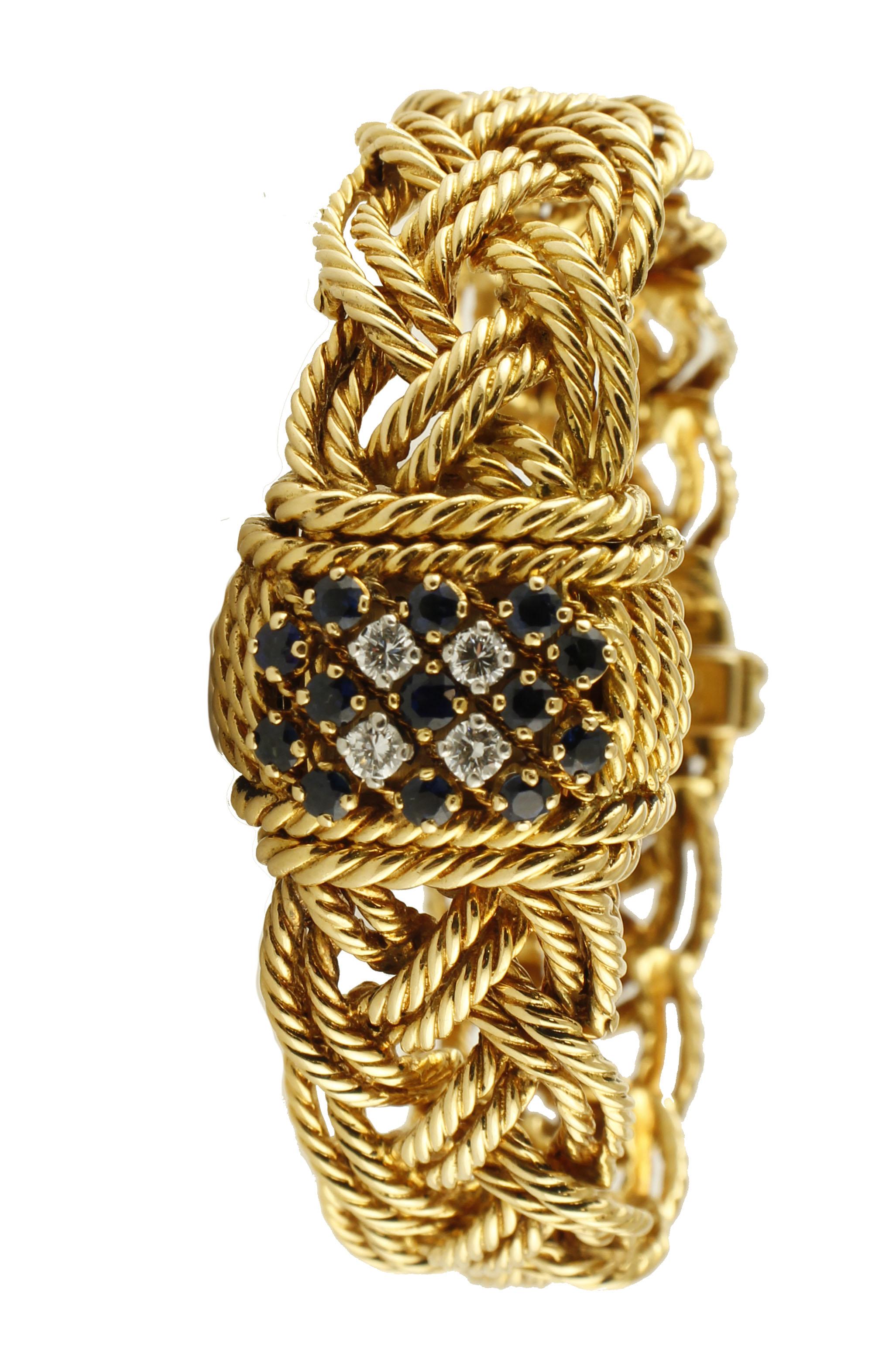 SHIPPING POLICY: 
No additional costs will be added to this order. 
Shipping costs will be totally covered by the seller (customs duties included).

Astonishing retro cuff bracelet/watch in 18k yellow gold knitted structure. The bracelet features a