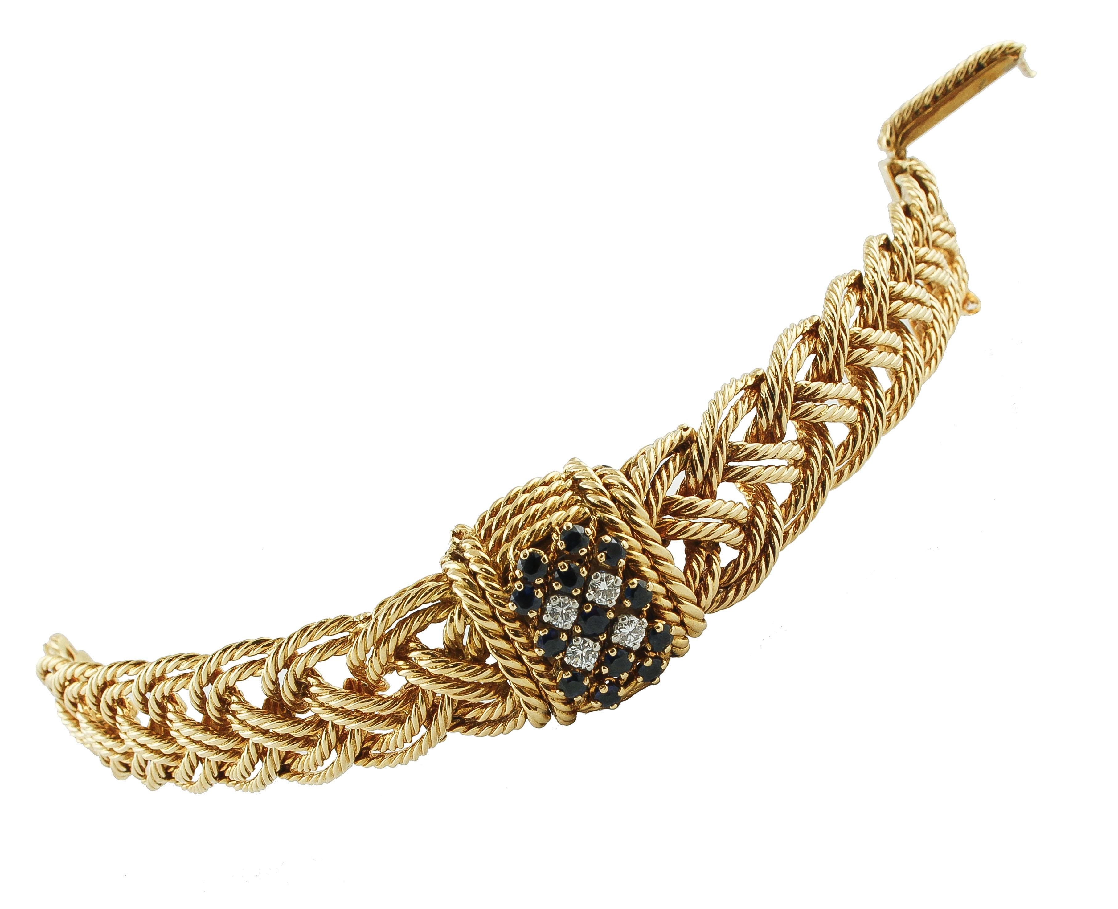 Women's Diamonds, Blue Sapphires, 18 Karat Yellow Gold Bracelet with Secret Watch