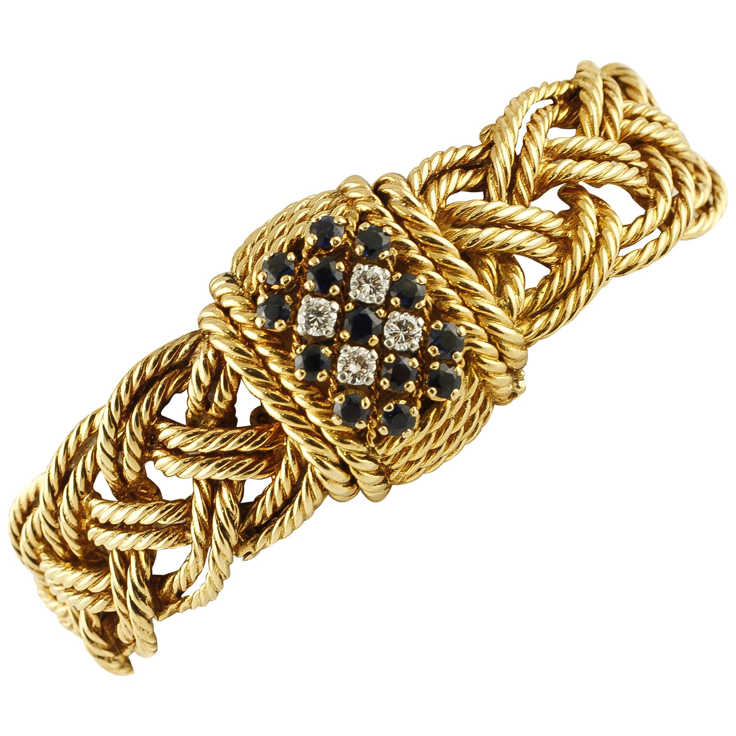 Diamonds, Blue Sapphires, 18 Karat Yellow Gold Bracelet with Secret Watch