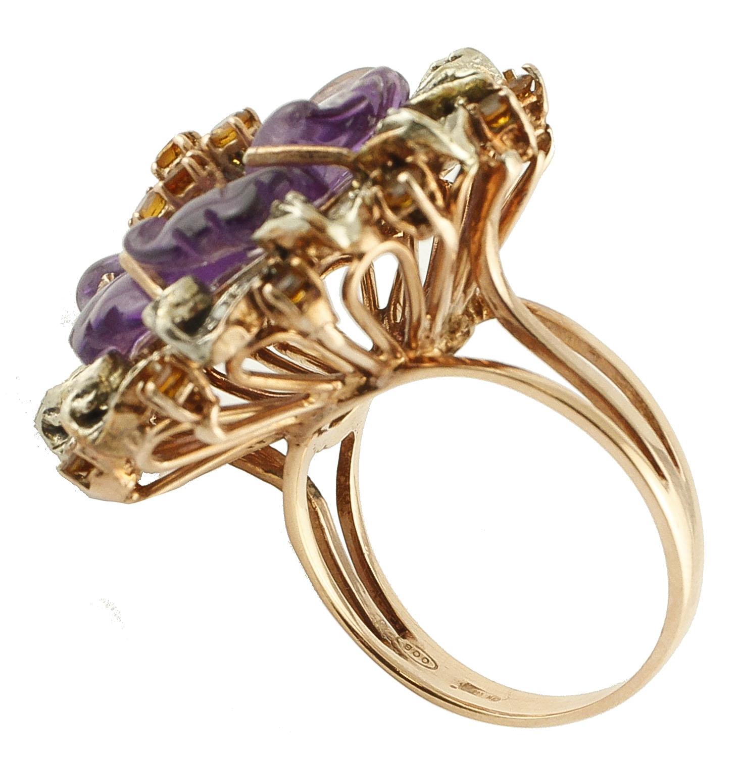 Diamonds Blue Sapphires Amethyst Rose Gold and Silver Cocktail Ring In Good Condition In Marcianise, Marcianise (CE)