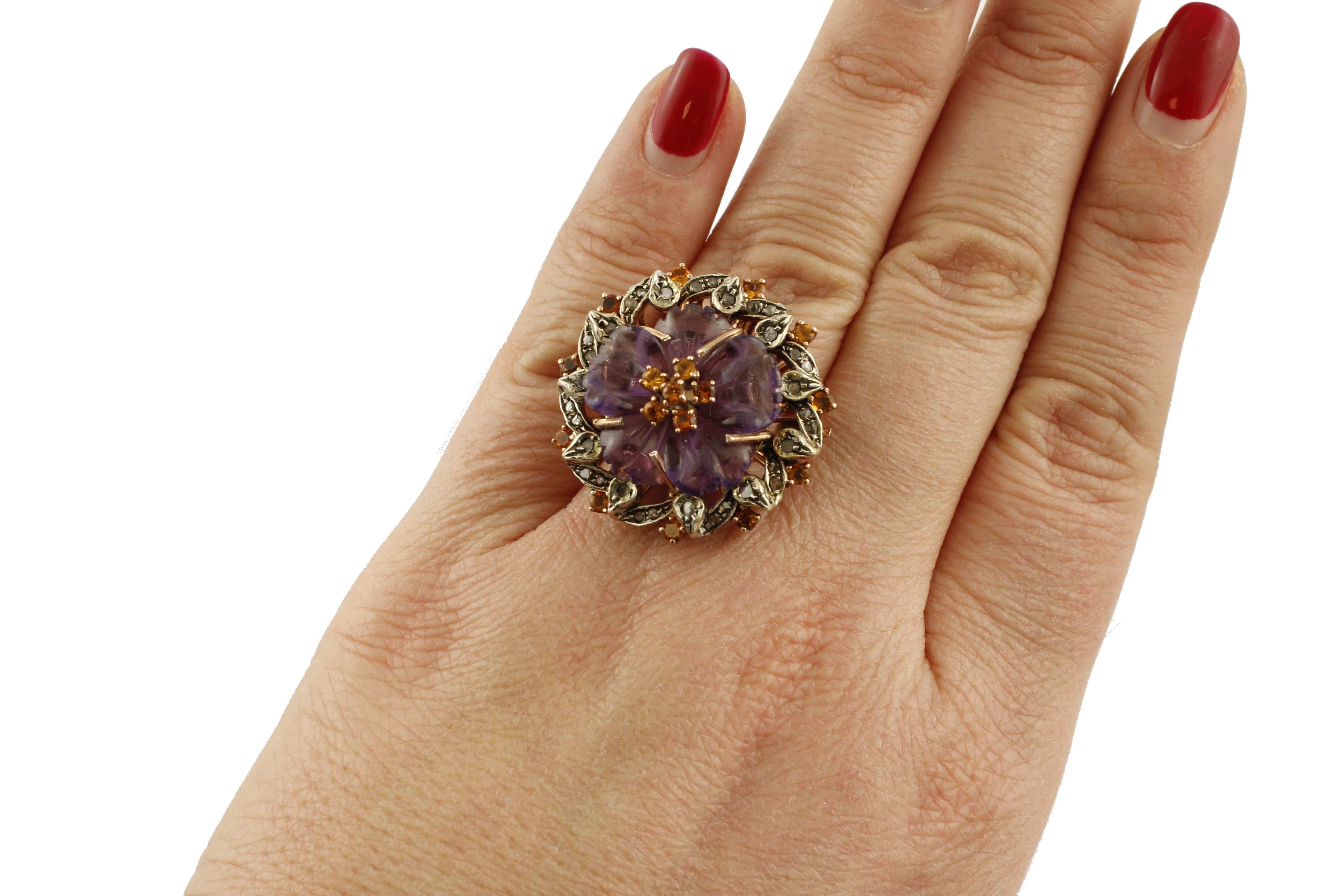 Women's Diamonds Blue Sapphires Amethyst Rose Gold and Silver Cocktail Ring