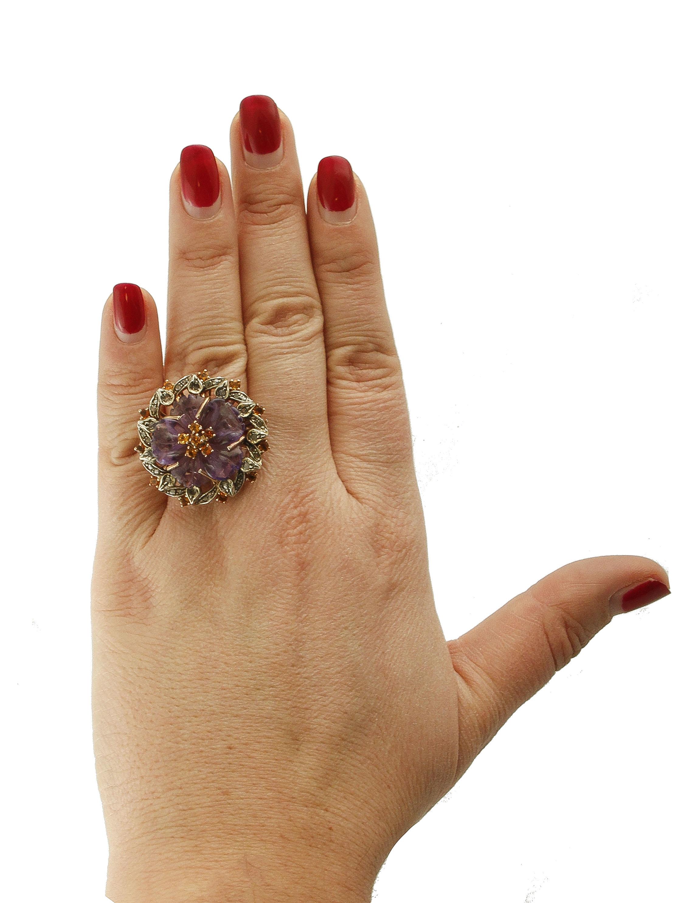 Diamonds Blue Sapphires Amethyst Rose Gold and Silver Cocktail Ring 2