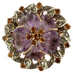 Diamonds Blue Sapphires Amethyst Rose Gold and Silver Cocktail Ring