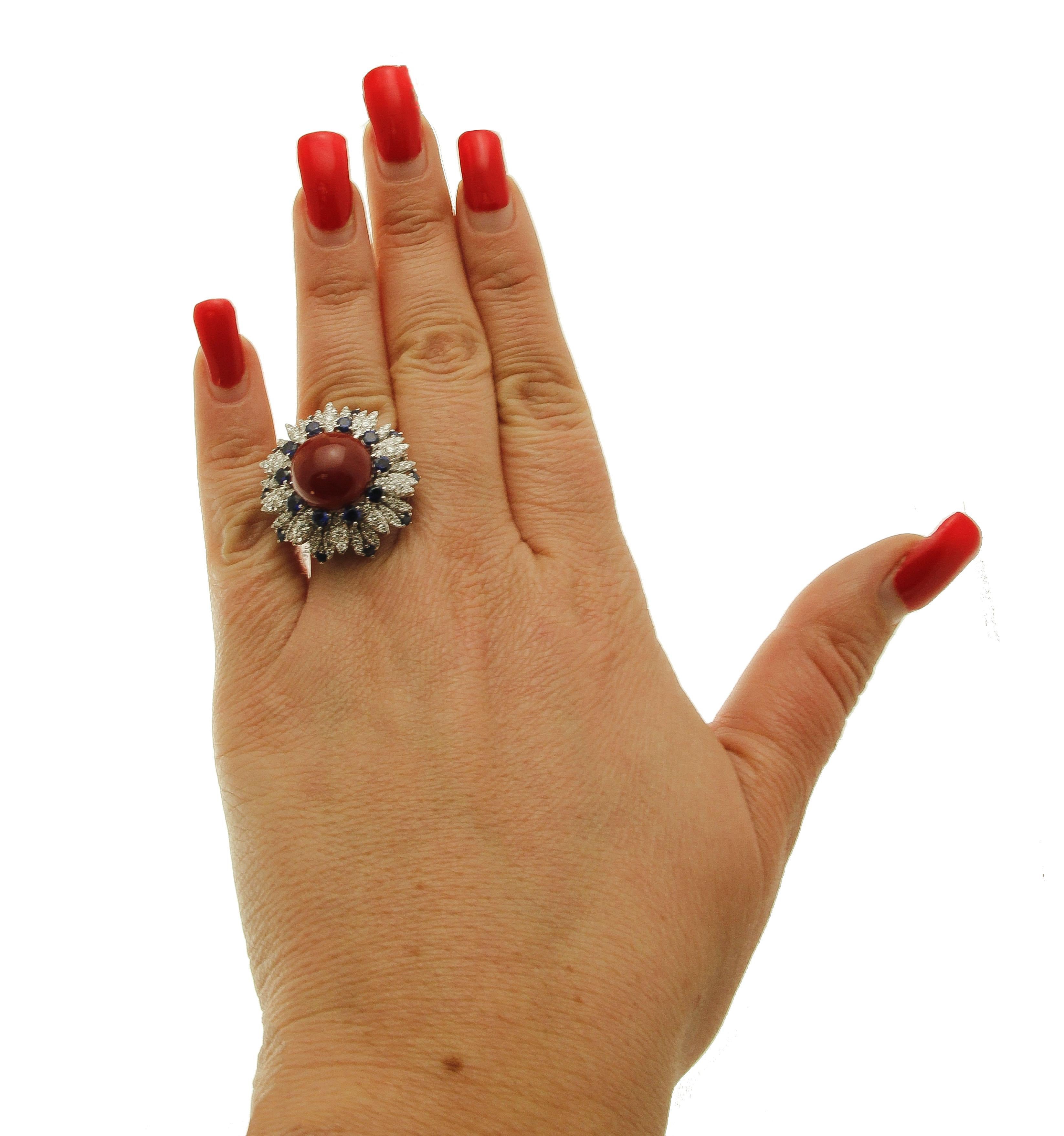 Retro Diamonds, Blue Sapphires, Red Coral Button, 14 Karat White Gold Ring