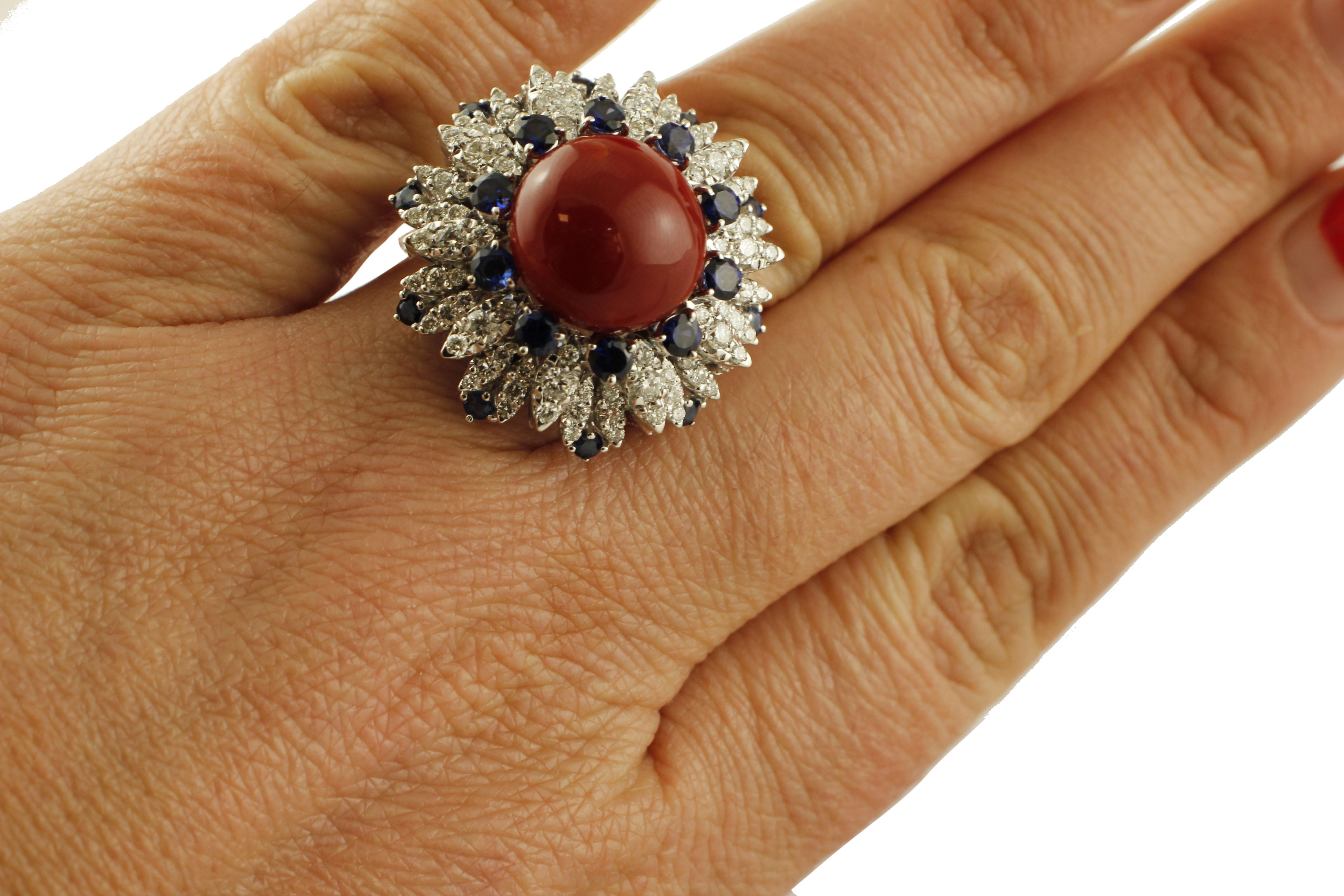 Mixed Cut Diamonds, Blue Sapphires, Red Coral Button, 14 Karat White Gold Ring
