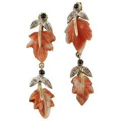Diamonds Blue Sapphires Coral Leaves Rose and White Gold Earrings
