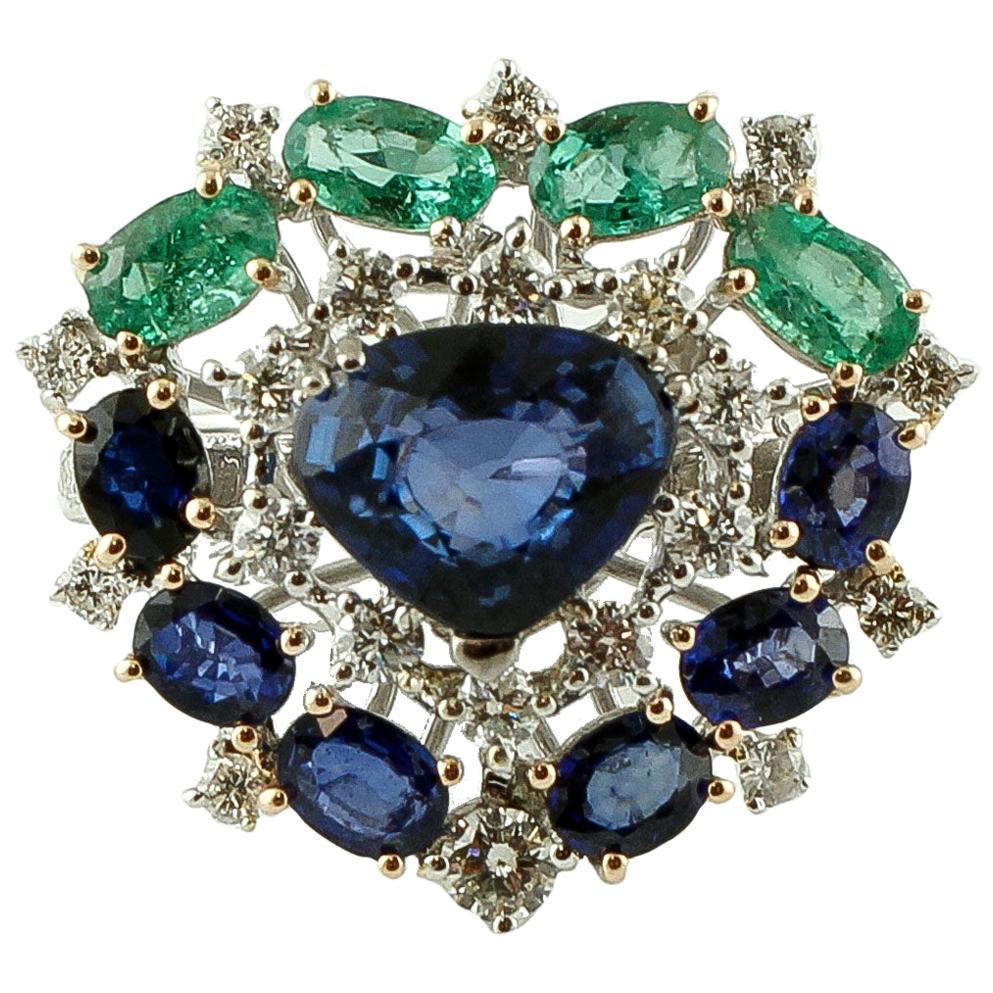 Diamonds, Blue Sapphires, Emeralds, 14 Karat White Gold Heart Ring