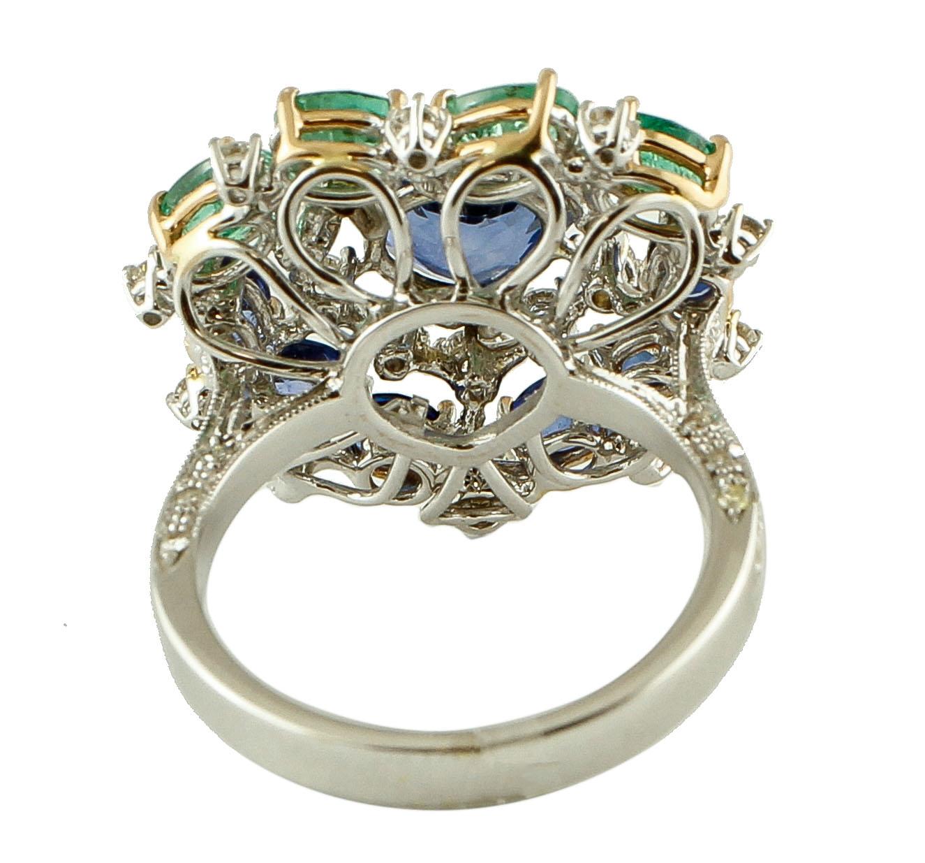 Retro Diamonds, Blue Sapphires, Emeralds, 14 Karat White Gold Heart Ring