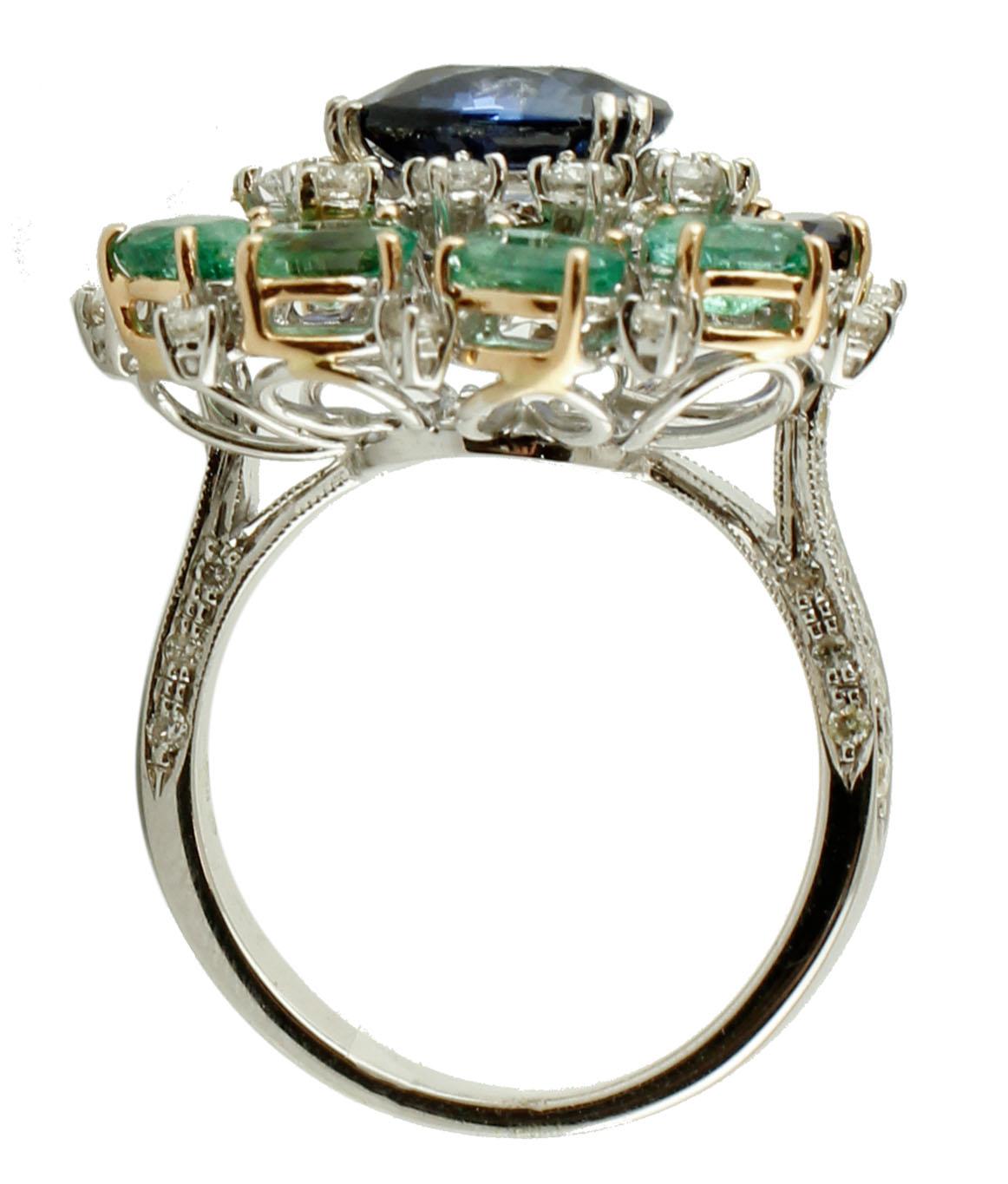 Mixed Cut Diamonds, Blue Sapphires, Emeralds, 14 Karat White Gold Heart Ring