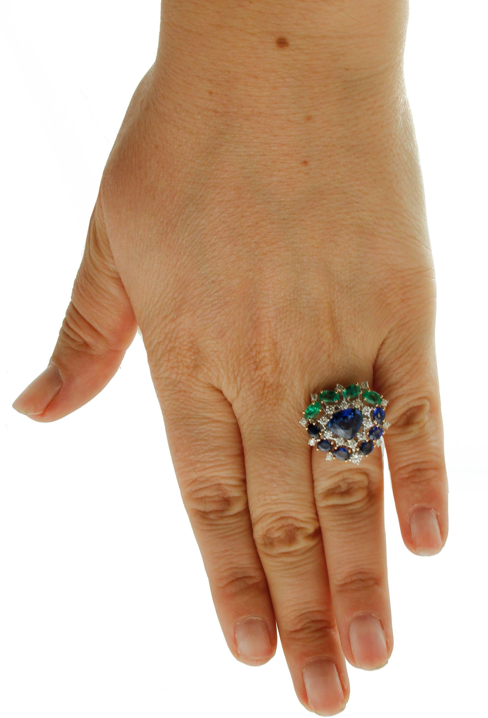 Women's Diamonds, Blue Sapphires, Emeralds, 14 Karat White Gold Heart Ring