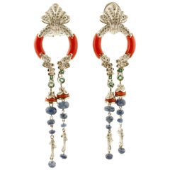 Diamonds, Blue Sapphires, Emeralds, Coral, White Gold Clip-On Fashion Earrings