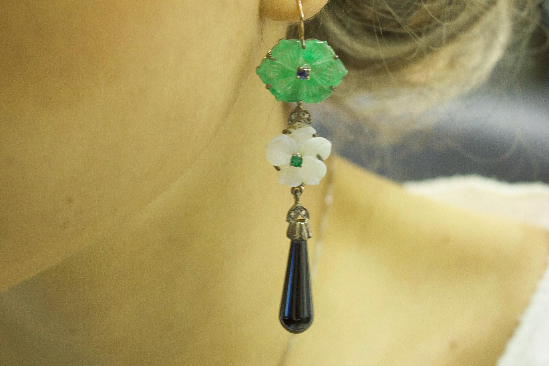 Diamonds Blue Sapphires Emeralds Onyx Green Agate White Agate Earrings In Good Condition For Sale In Marcianise, Marcianise (CE)