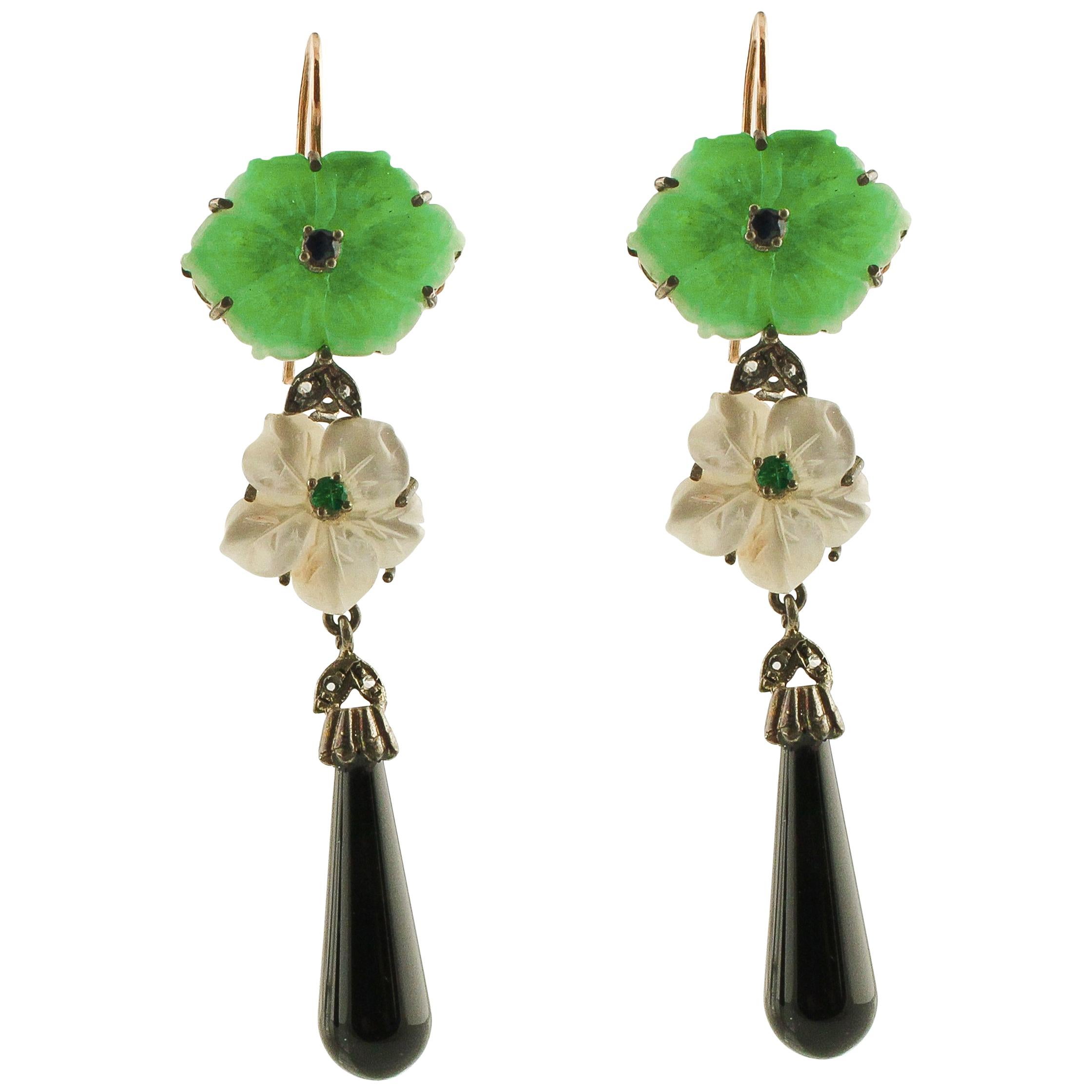Diamonds Blue Sapphires Emeralds Onyx Green Agate White Agate Earrings For Sale