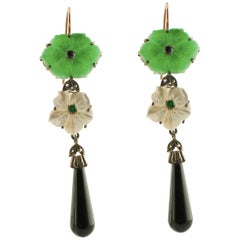 Retro Diamonds Blue Sapphires Emeralds Onyx Green Agate White Agate Earrings