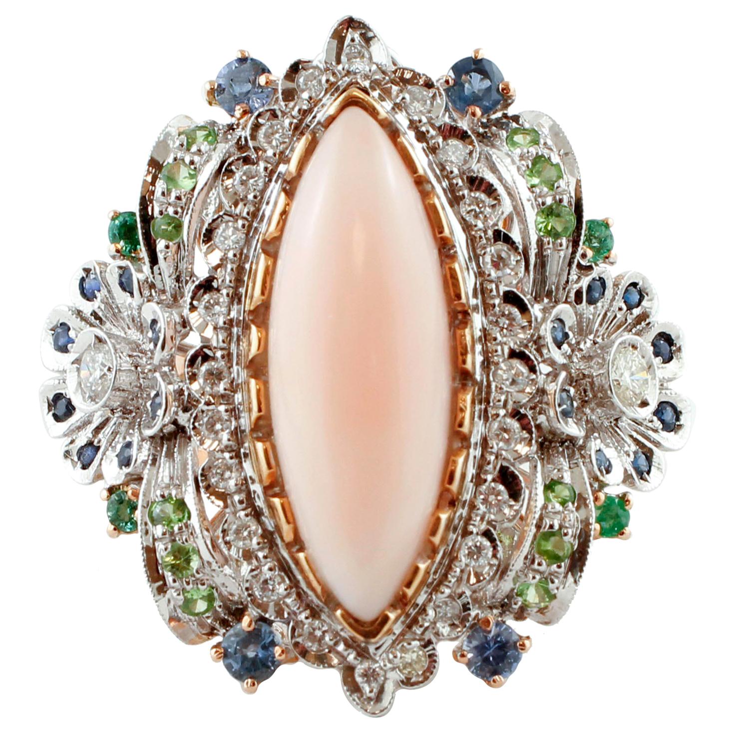 Ring aus Roségold mit Diamanten, blauen Saphiren, Smaragden, Tsavorit, rosa Koralle, Roségold