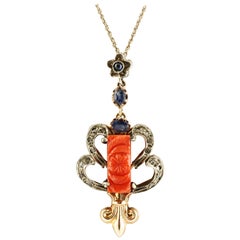 Diamonds Blue Sapphires Engraved Red Stone Rose Gold and Silver Pendant Necklace