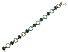 Diamonds Blue Sapphires Green Agate Rings Rose Gold and Silver Link Bracelet