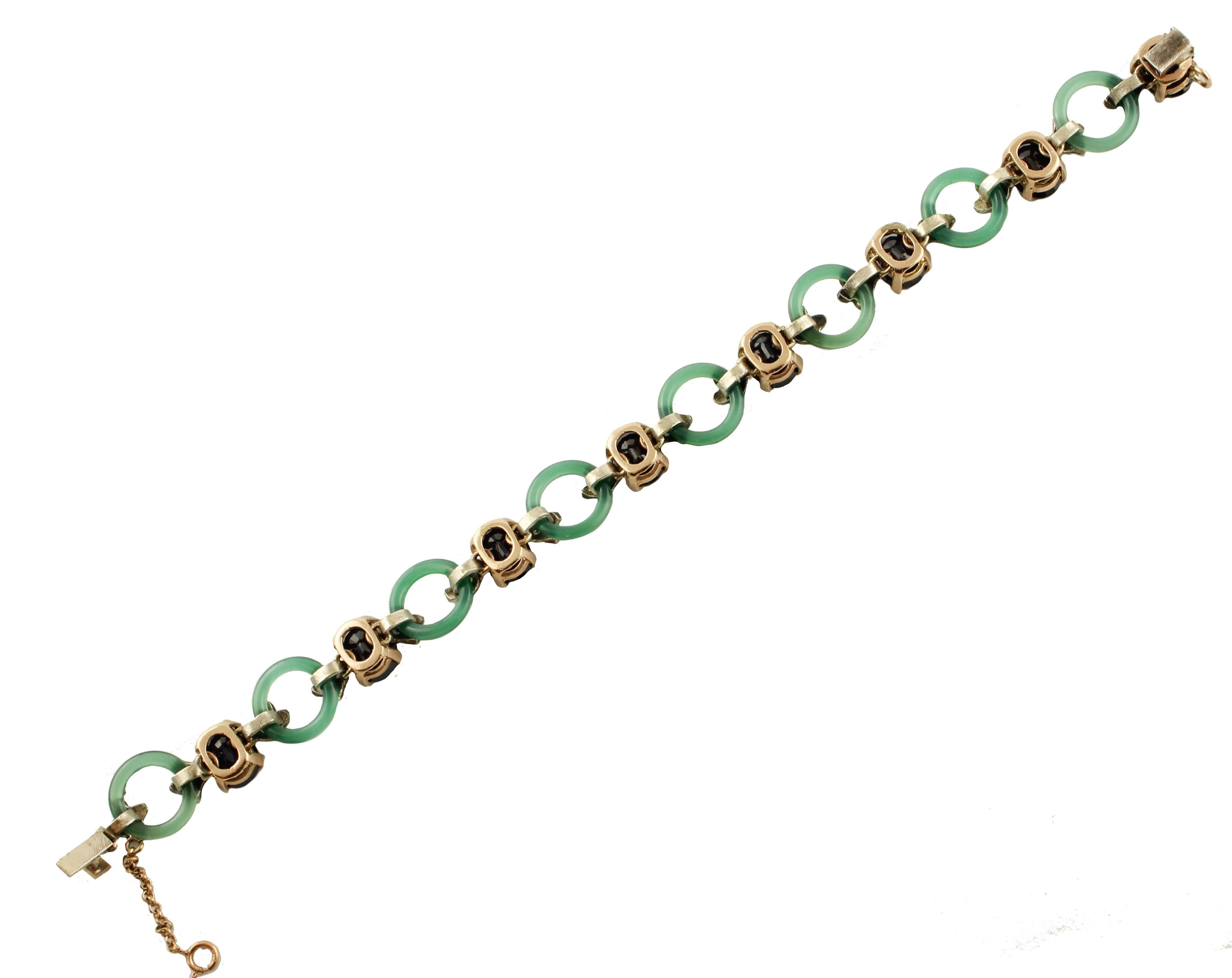 Retro Diamonds Blue Sapphires Green Agate Rings Rose Gold and Silver Link Bracelet