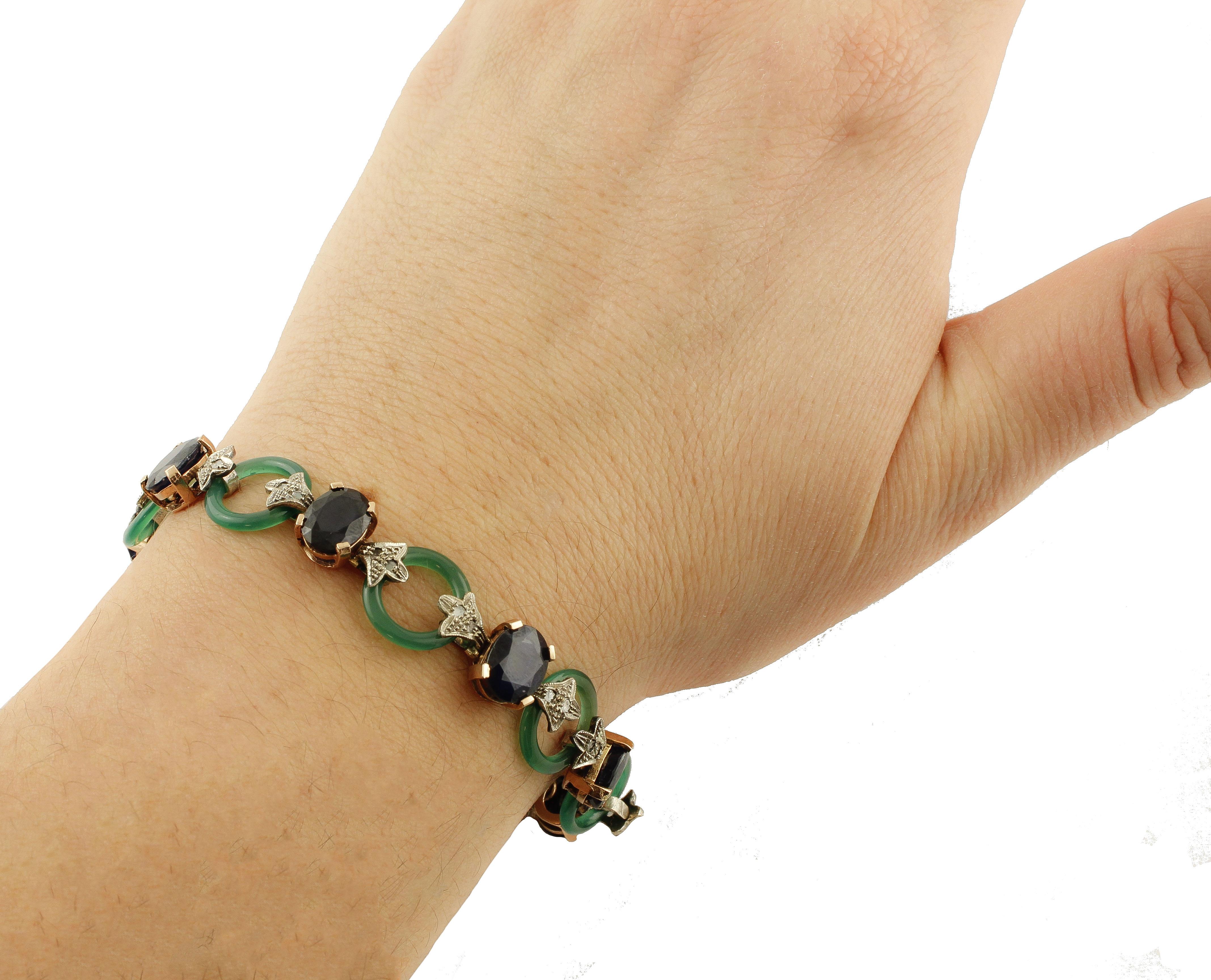 Women's Diamonds Blue Sapphires Green Agate Rings Rose Gold and Silver Link Bracelet