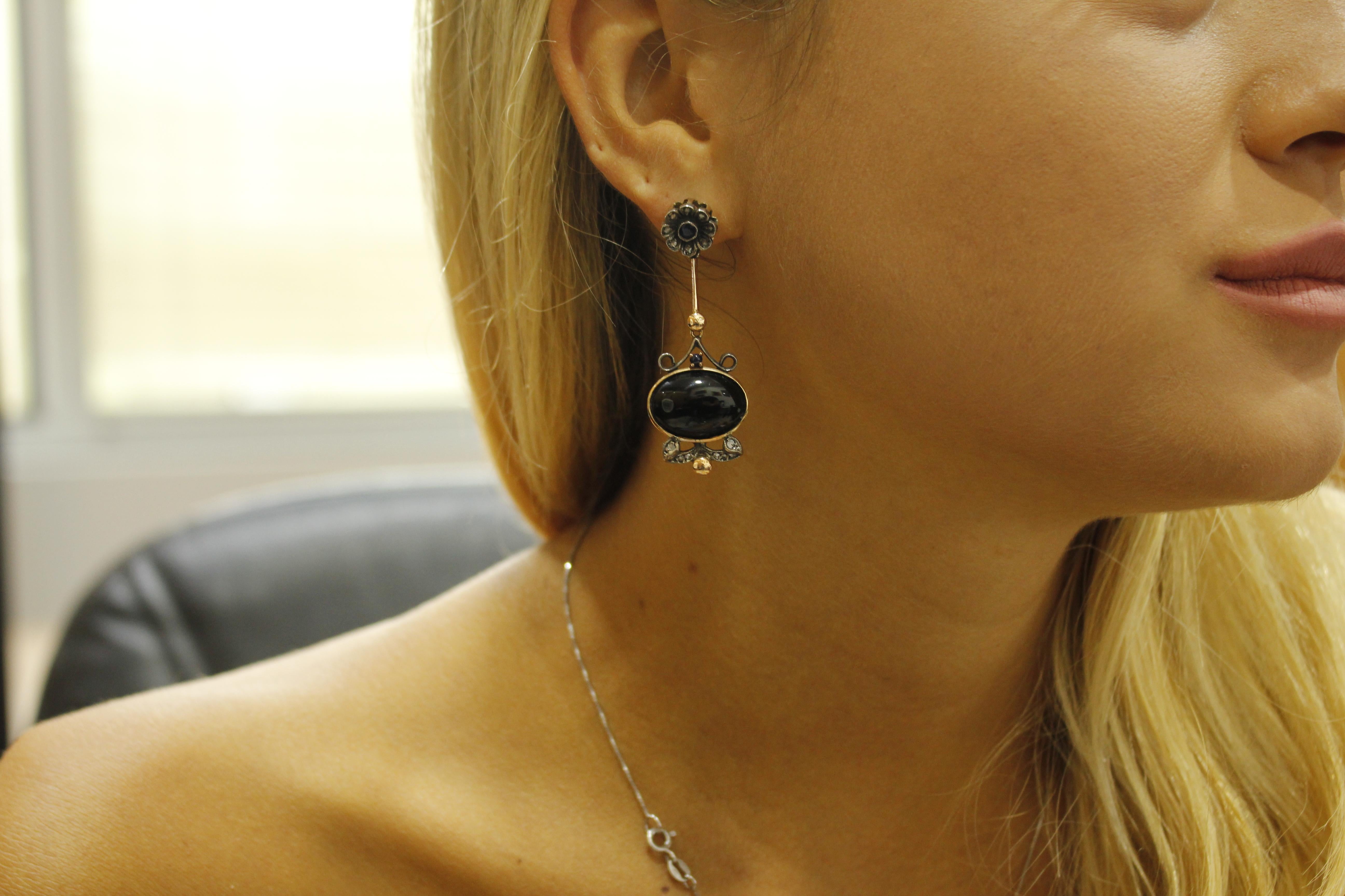 Women's Diamonds Blue Sapphires Onyx Rose Gold and Silver Earrings