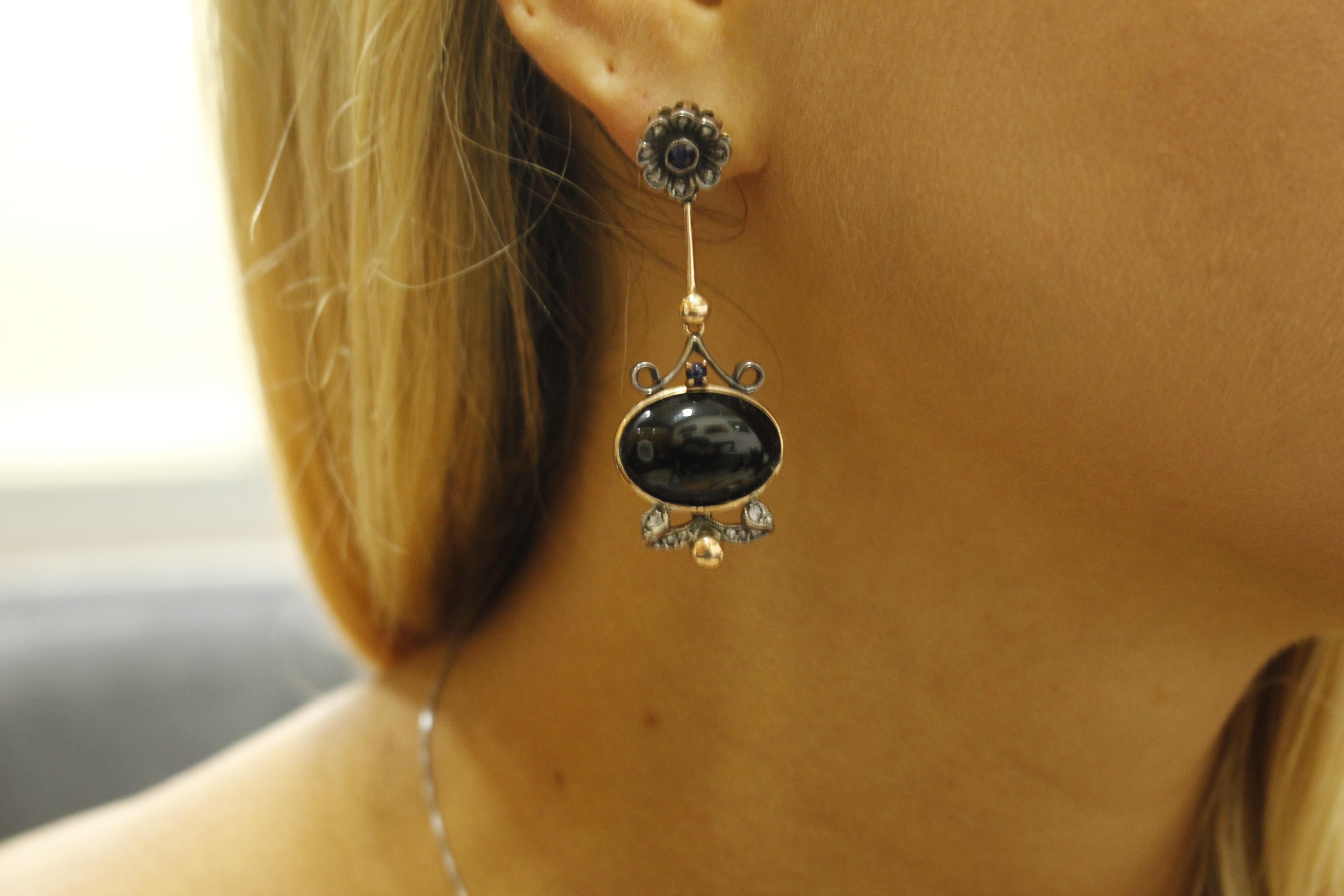 Diamonds Blue Sapphires Onyx Rose Gold and Silver Earrings 1